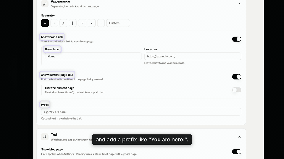 Settings › Breadcrumbs › Appearance: choosing the › separator updates the trail on the front end.
