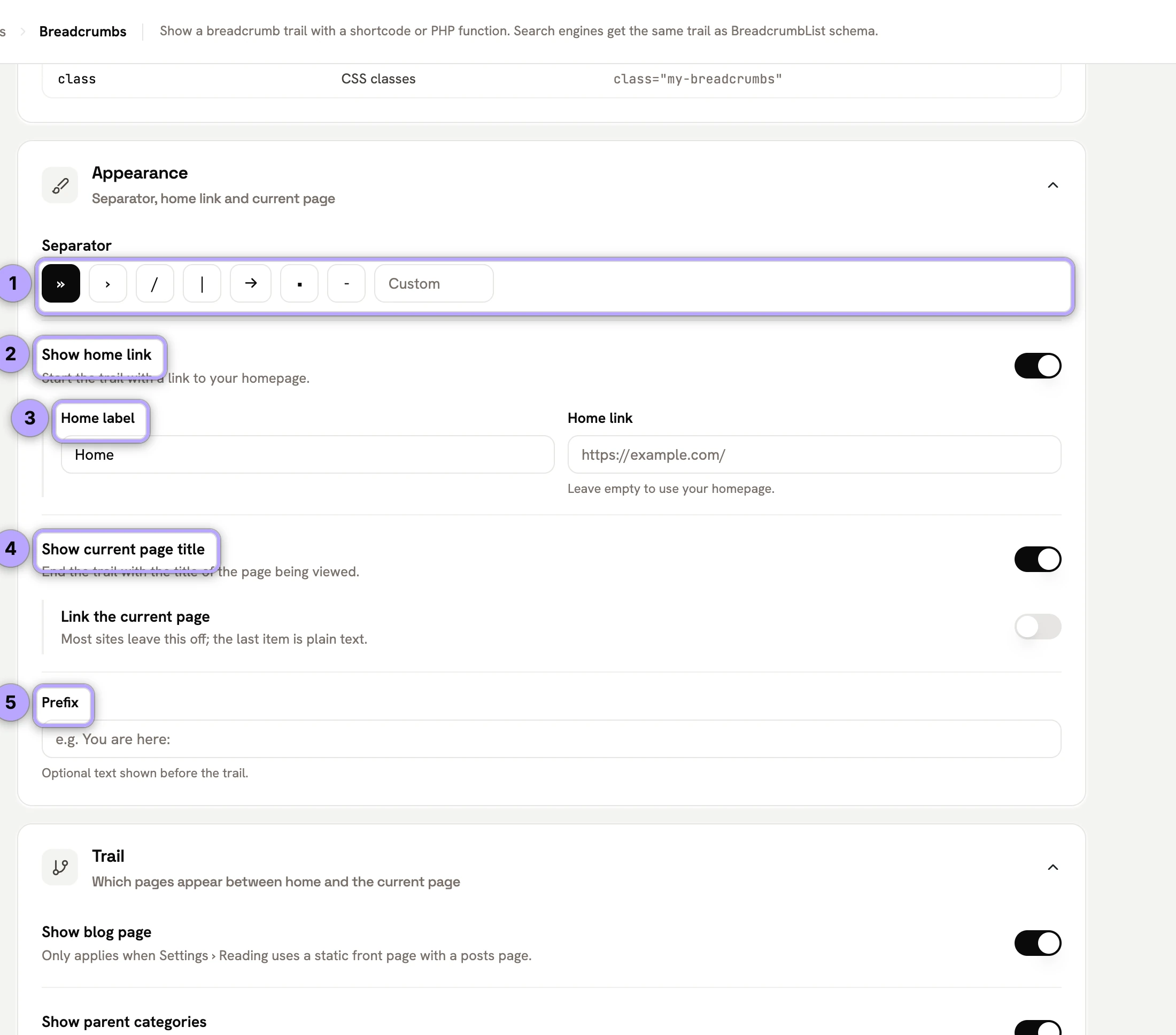 Appearance: separator chips and Custom (1), Show home link (2), Home label (3), Show current page title (4), Prefix (5).