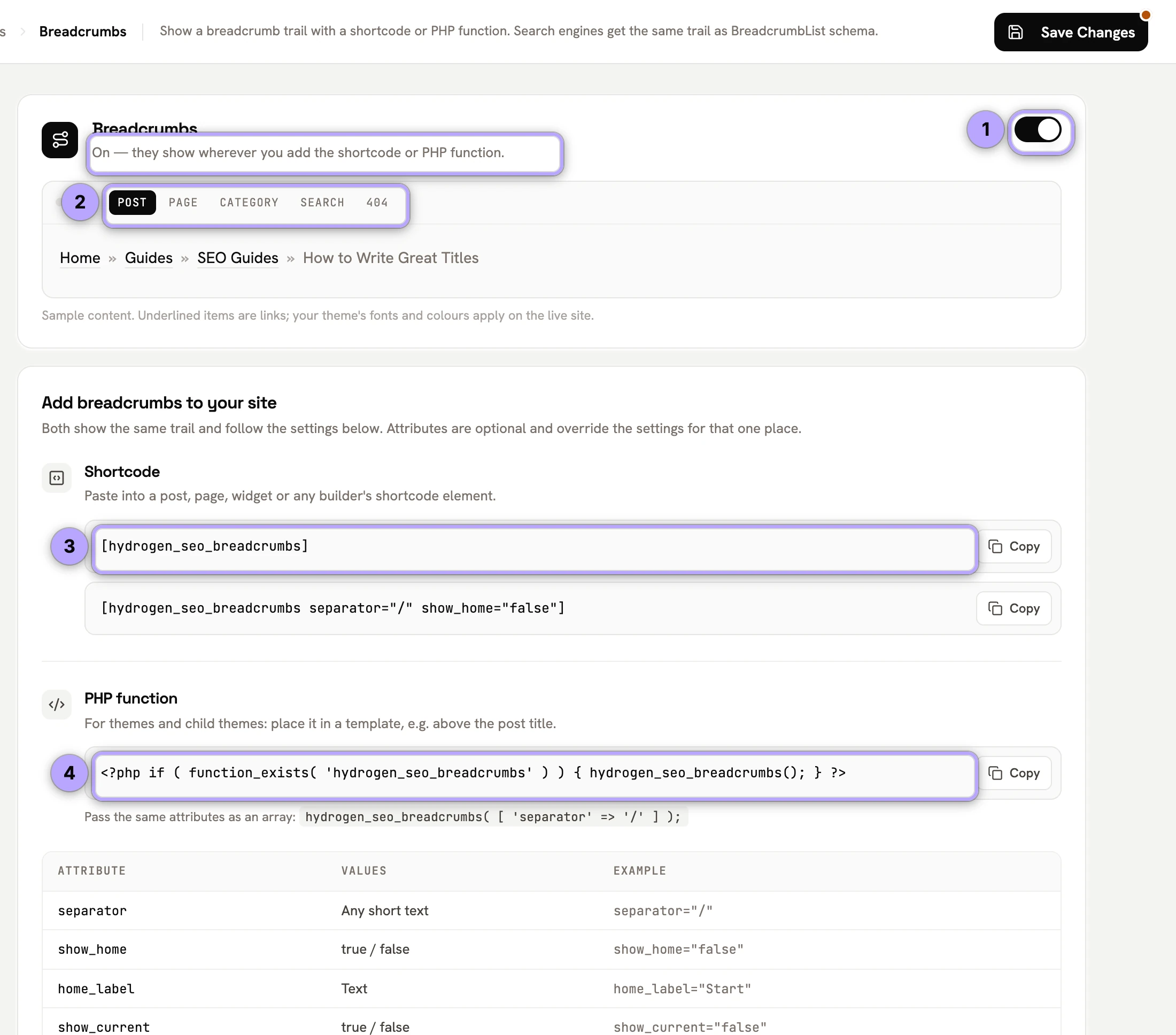 Breadcrumbs switched on (1), preview tabs per page type (2), the shortcode (3) and PHP function (4).