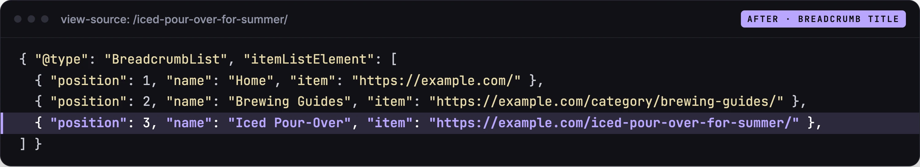 BreadcrumbList JSON-LD after setting a Breadcrumb Title: item 3 is named Iced Pour-Over.