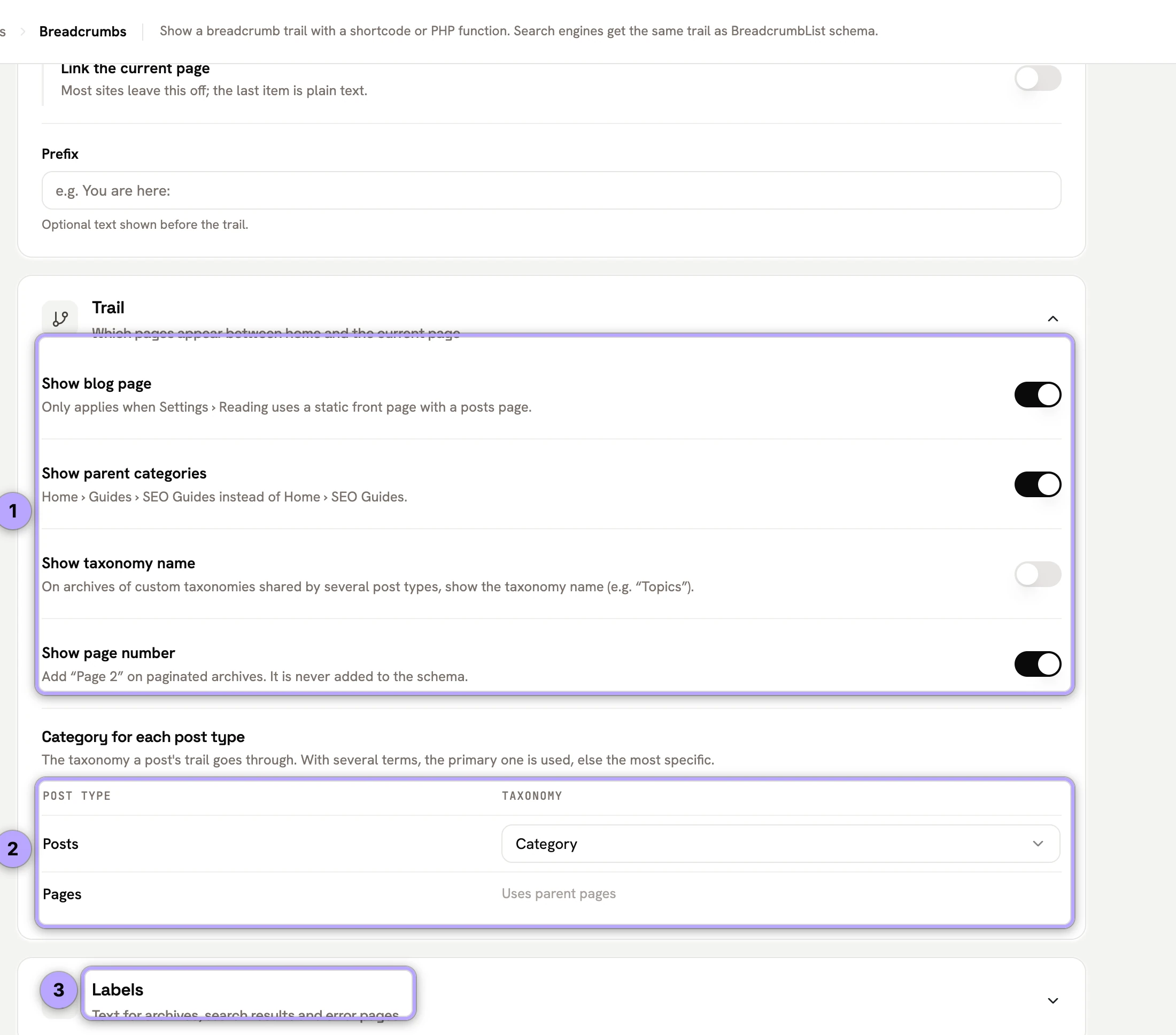 Trail: blog page, parent categories, taxonomy name and page number toggles (1), category for each post type (2), Labels (3).