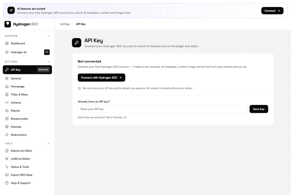 Settings › API Key › Connect with Hydrogen SEO: the dialog opens and waits for approval in the new tab.