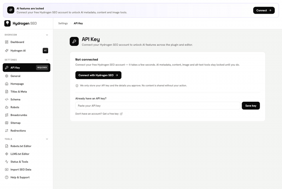 Already have a key? Paste it into “Already have an API key?” and click Save key (validated before saving).