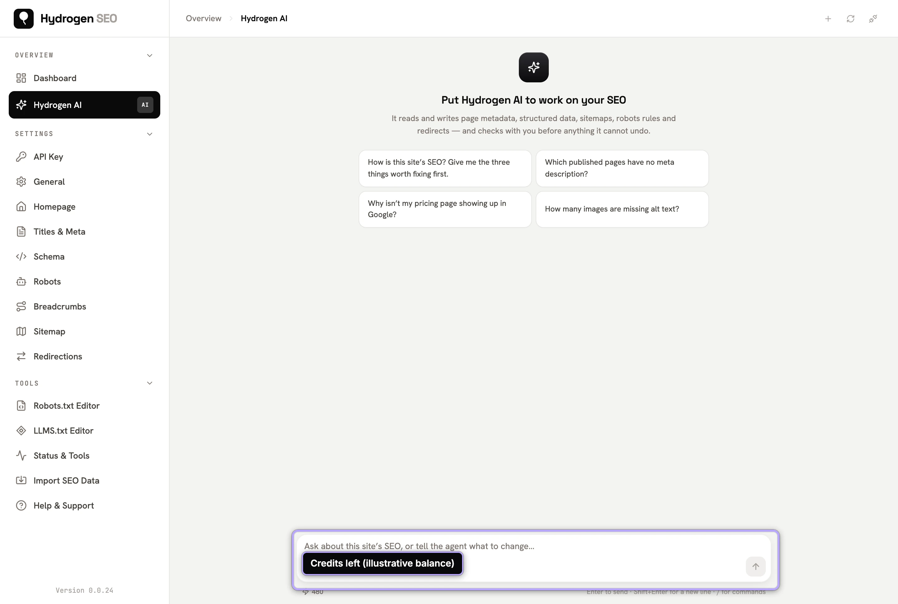 After: Hydrogen AI chat ready, with the credit balance under the message box (illustrative number).