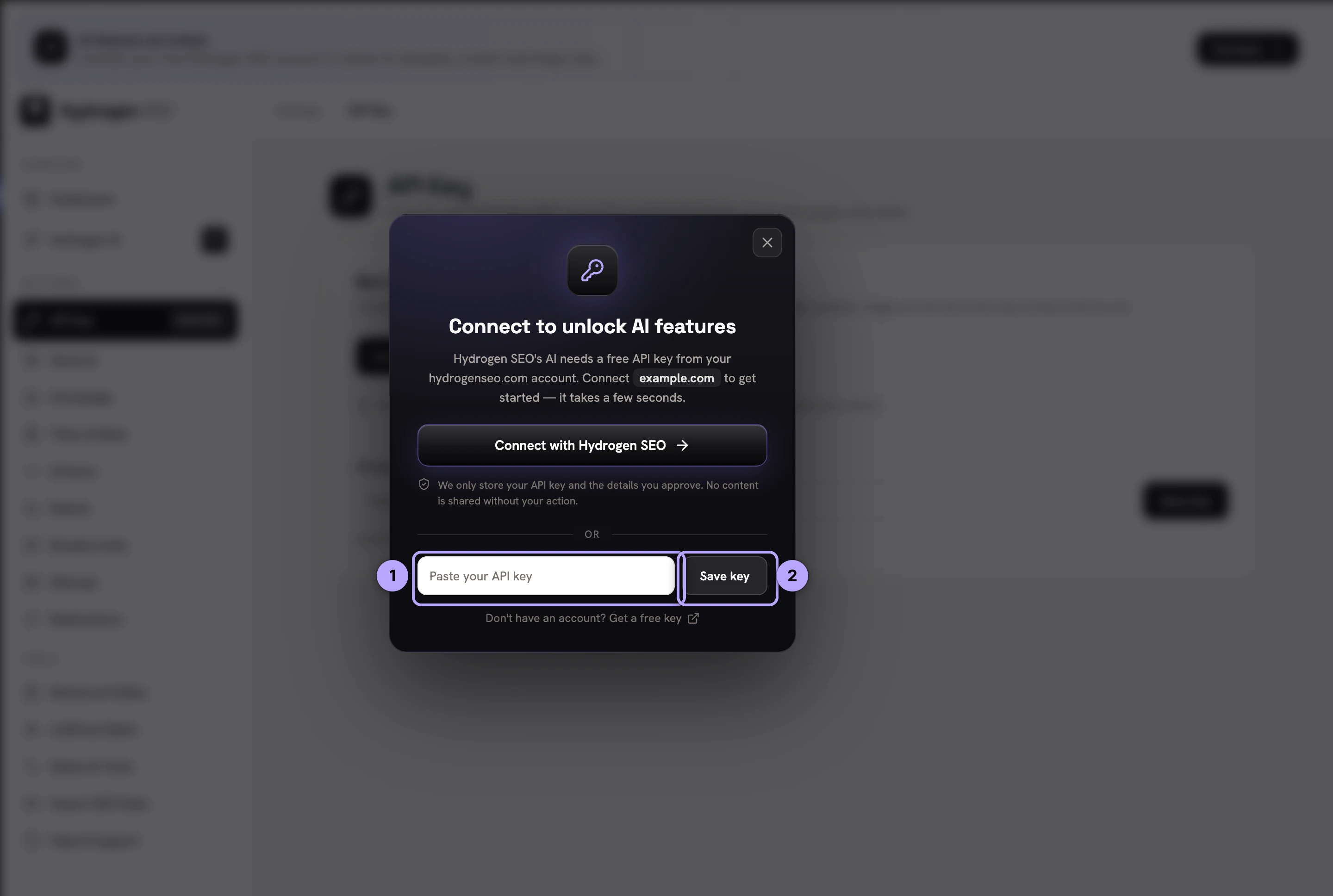 Connect dialog with the paste field (1) and Save key (2).