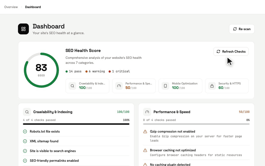 Refresh Checks: the score drops from 83 (Good) to 79 (Fair) and a critical check appears.