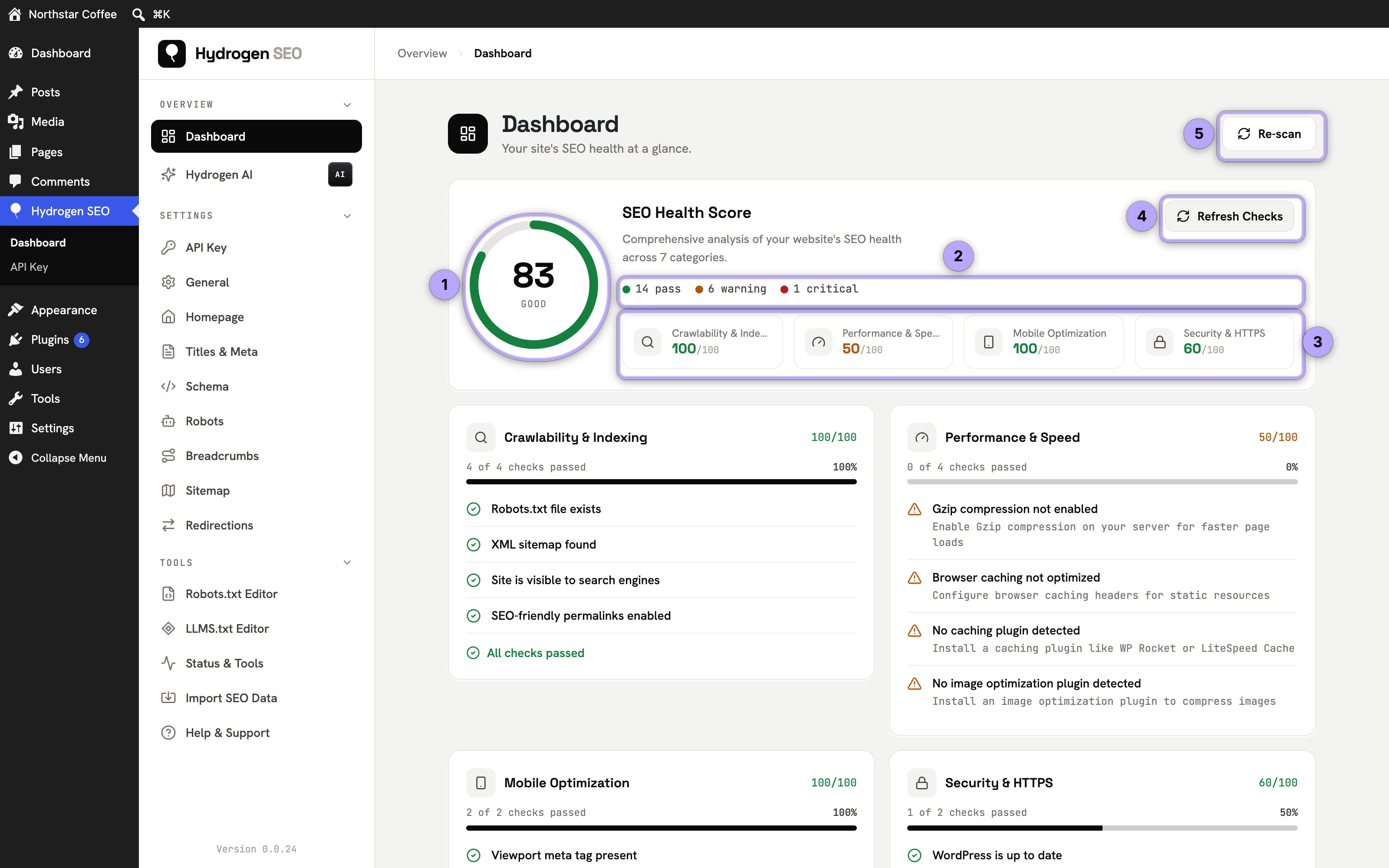 SEO Health Score card: score ring (1), pass/warning/critical counts (2), first four categories (3), Refresh Checks (4), Re-scan (5).