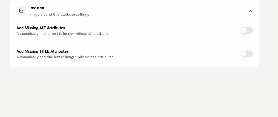 Settings › General › Images: Add Missing ALT and Add Missing TITLE attributes, with their format fields.