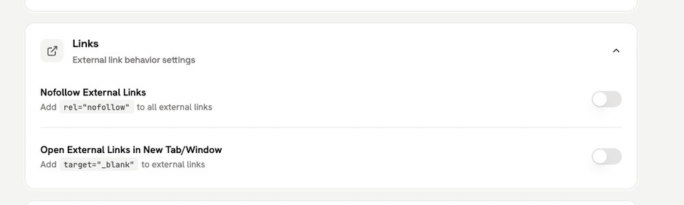 Settings › General › Links: switching on Nofollow External Links and Open External Links in New Tab (saves automatically).