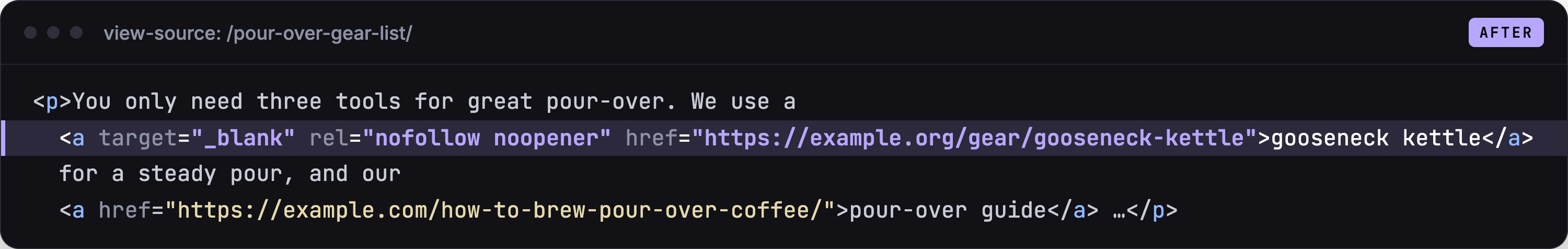 Page source after: the outbound link has target="_blank" rel="nofollow noopener"; the internal link is unchanged.