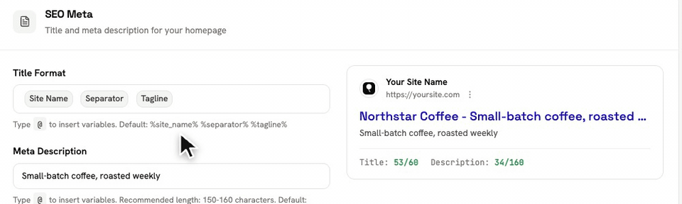 Settings › Homepage › SEO Meta: building the Title Format with the @ variable picker.