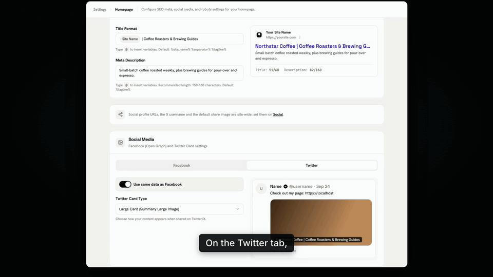 Twitter tab: Use same data as Facebook, Card Type (large image or summary), and separate X fields.