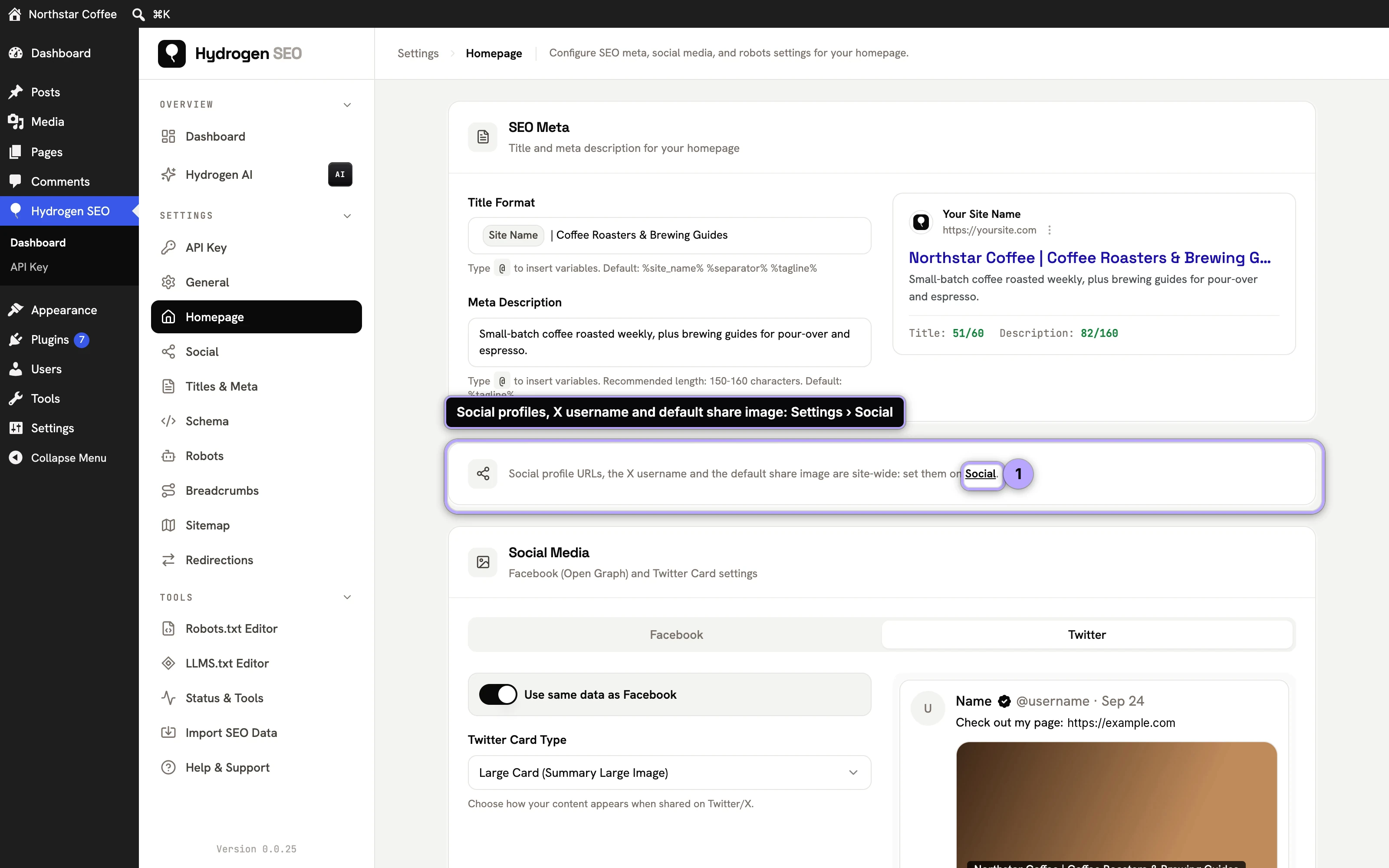 Homepage screen note (v0.0.25): social profile URLs, the X username and the default share image are set on Settings › Social (link 1).