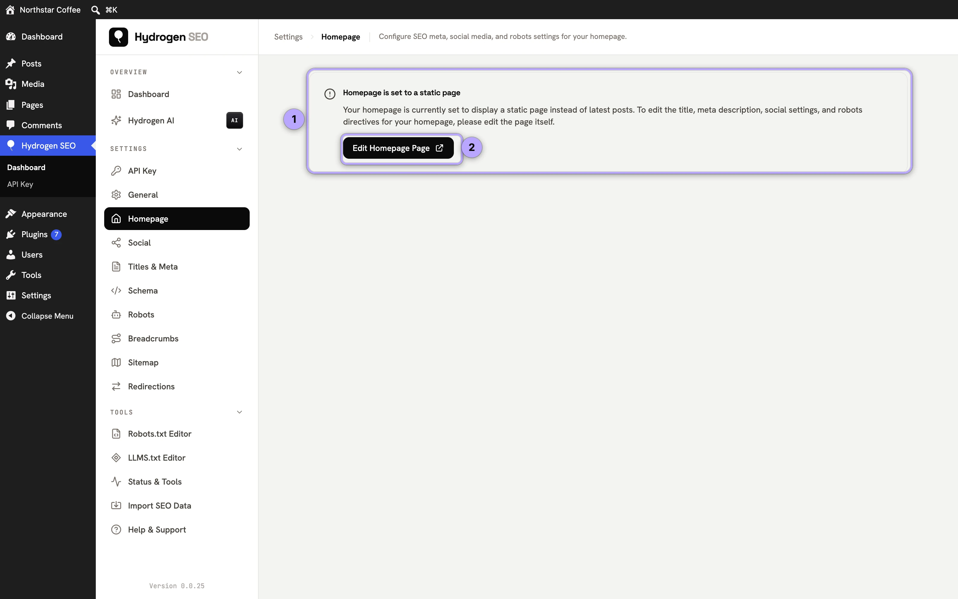 With a static front page, the Homepage screen shows a notice (1) and an Edit Homepage Page button (2).