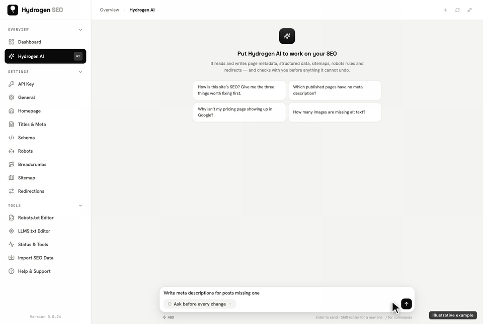 Illustrative example: “Write meta descriptions for posts missing one” → approval card → Approve → done.