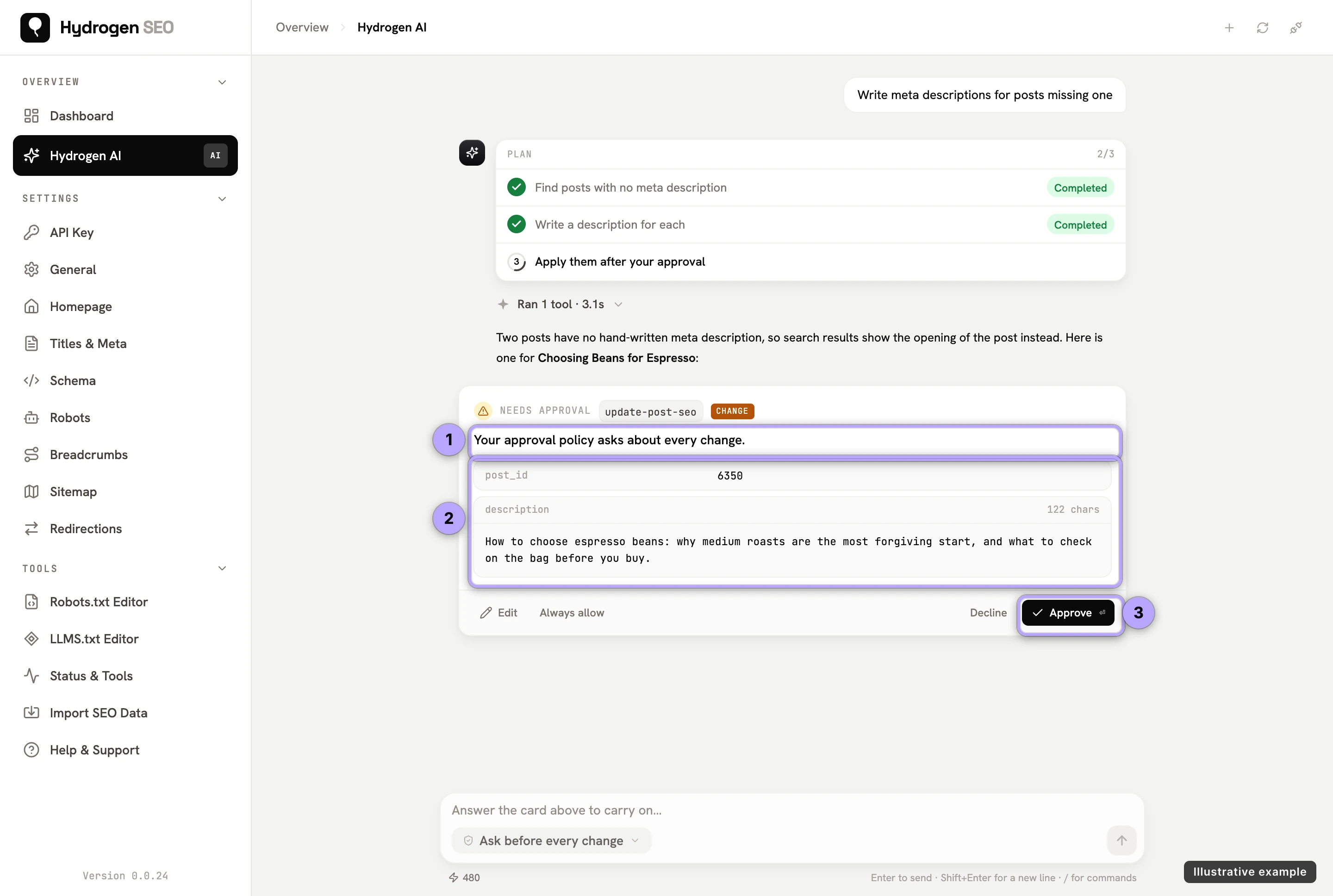 Illustrative example: approval card with the reason (1), the tool arguments (2) and Approve (3).