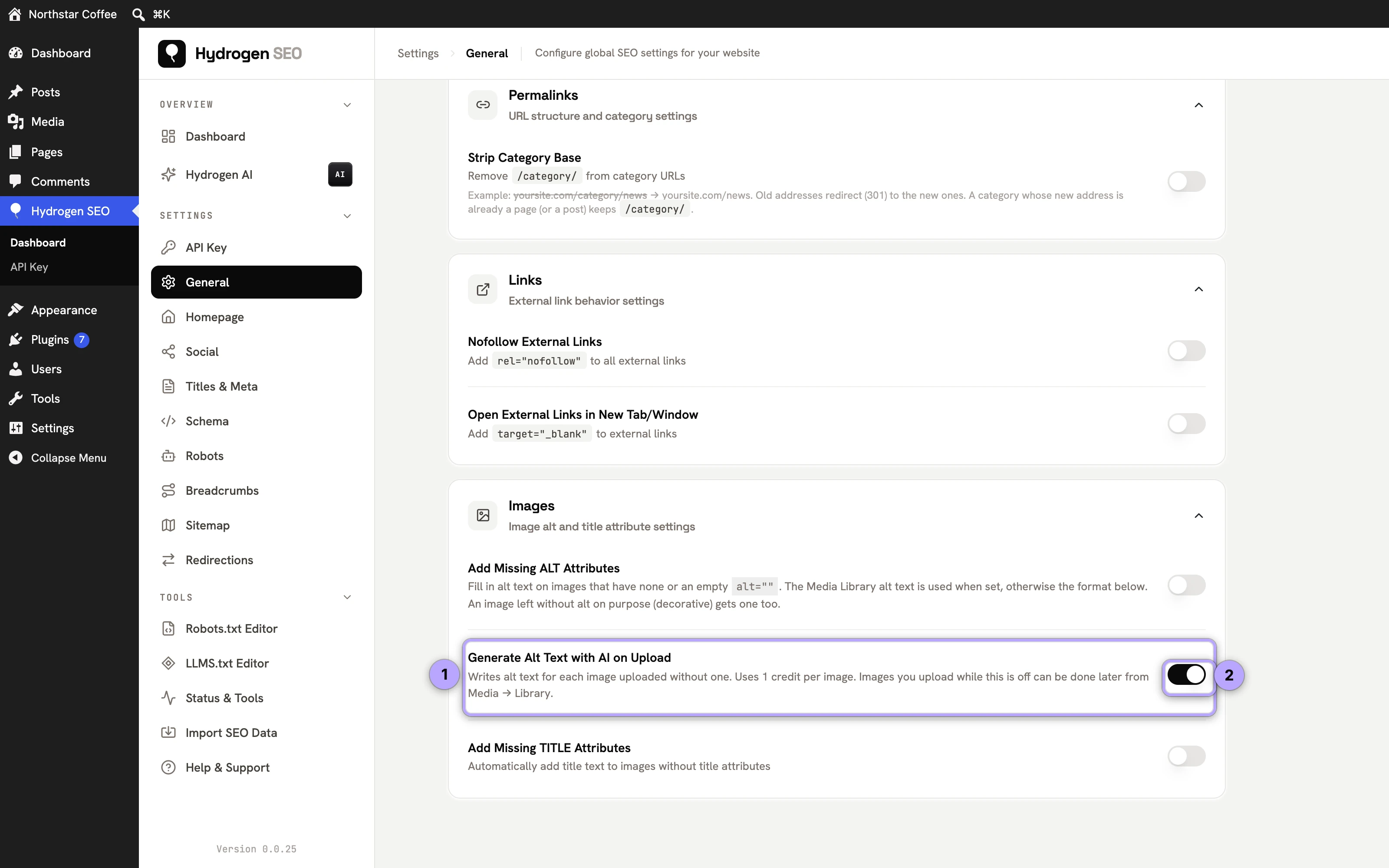 General Settings › Images: “Generate Alt Text with AI on Upload” (1) and its switch (2). Off by default, 1 credit per image, shown only while the site is connected.