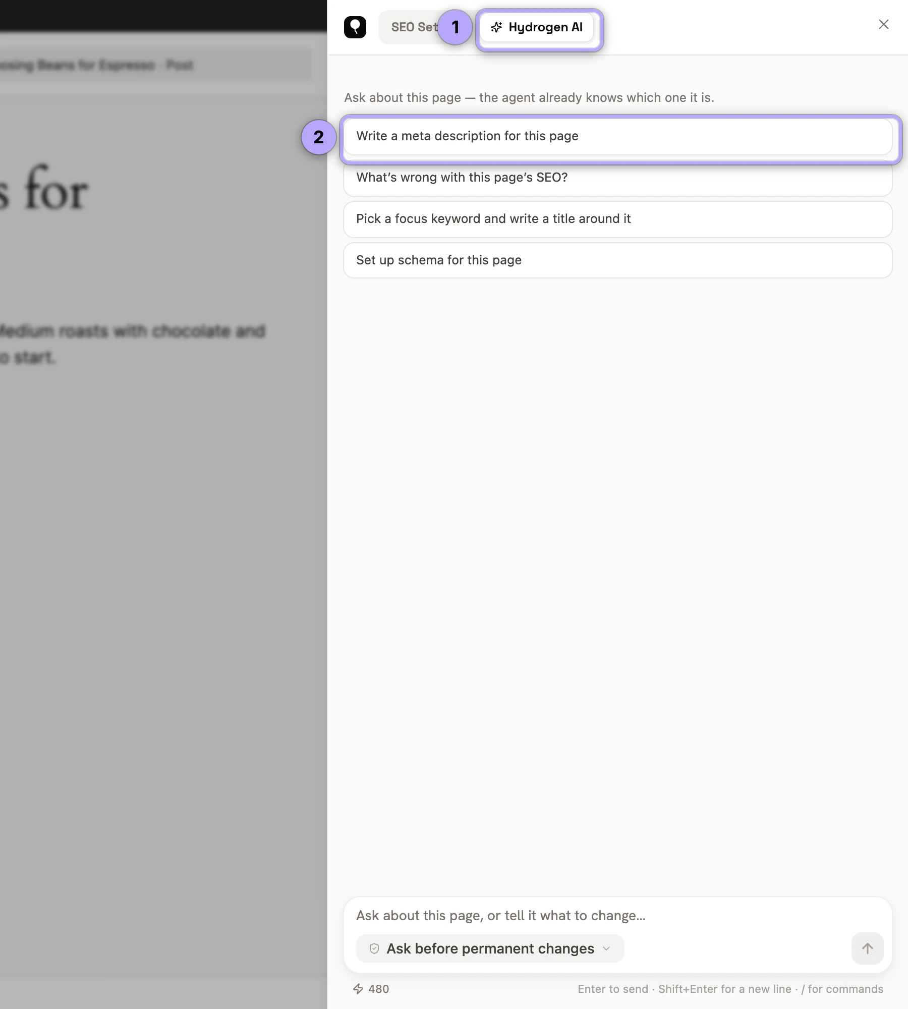 SEO Settings sheet in the block editor with the Hydrogen AI tab (1) and a per-post suggestion (2).