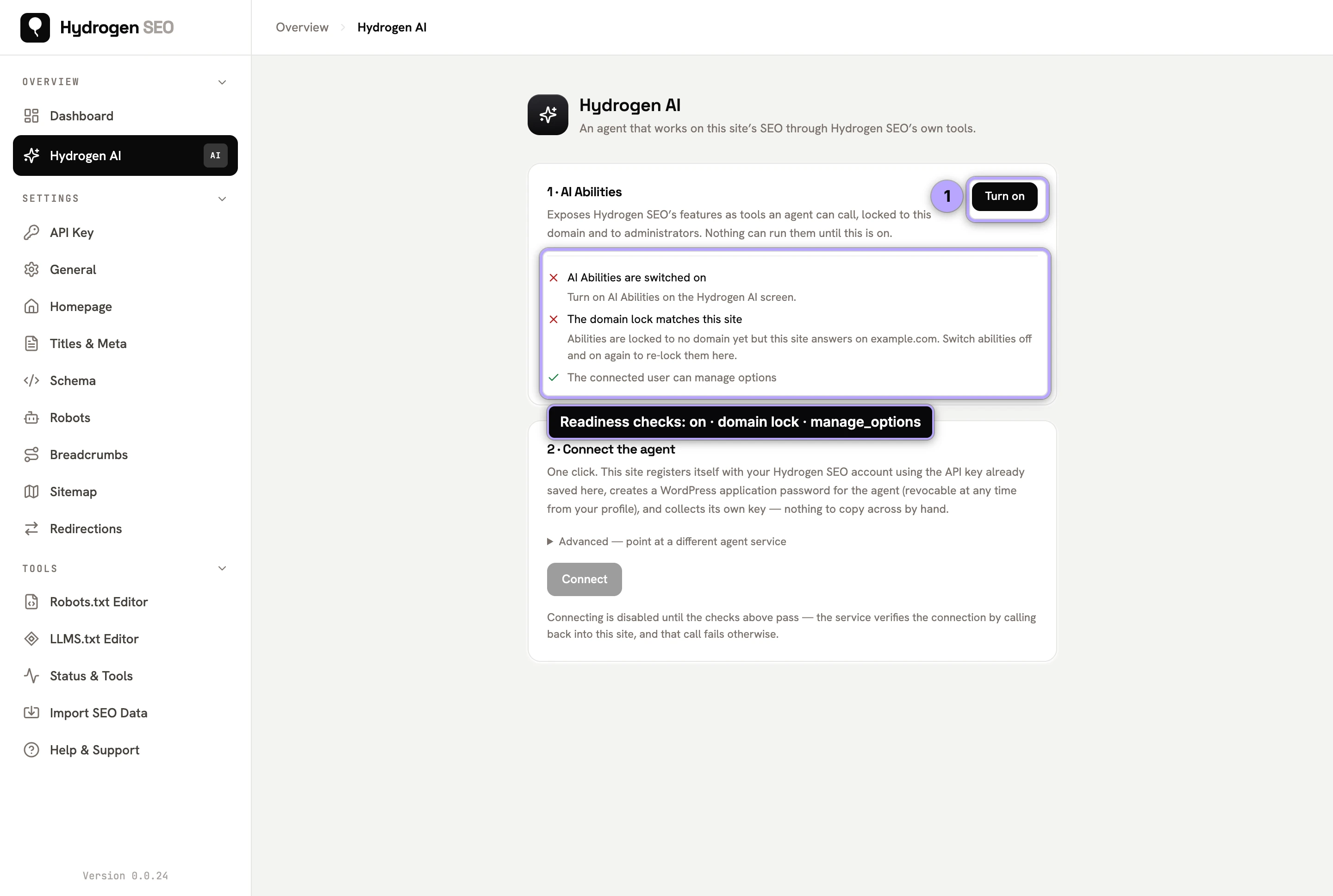 Hydrogen AI setup step 1: AI Abilities Turn on (1) and its three readiness checks.