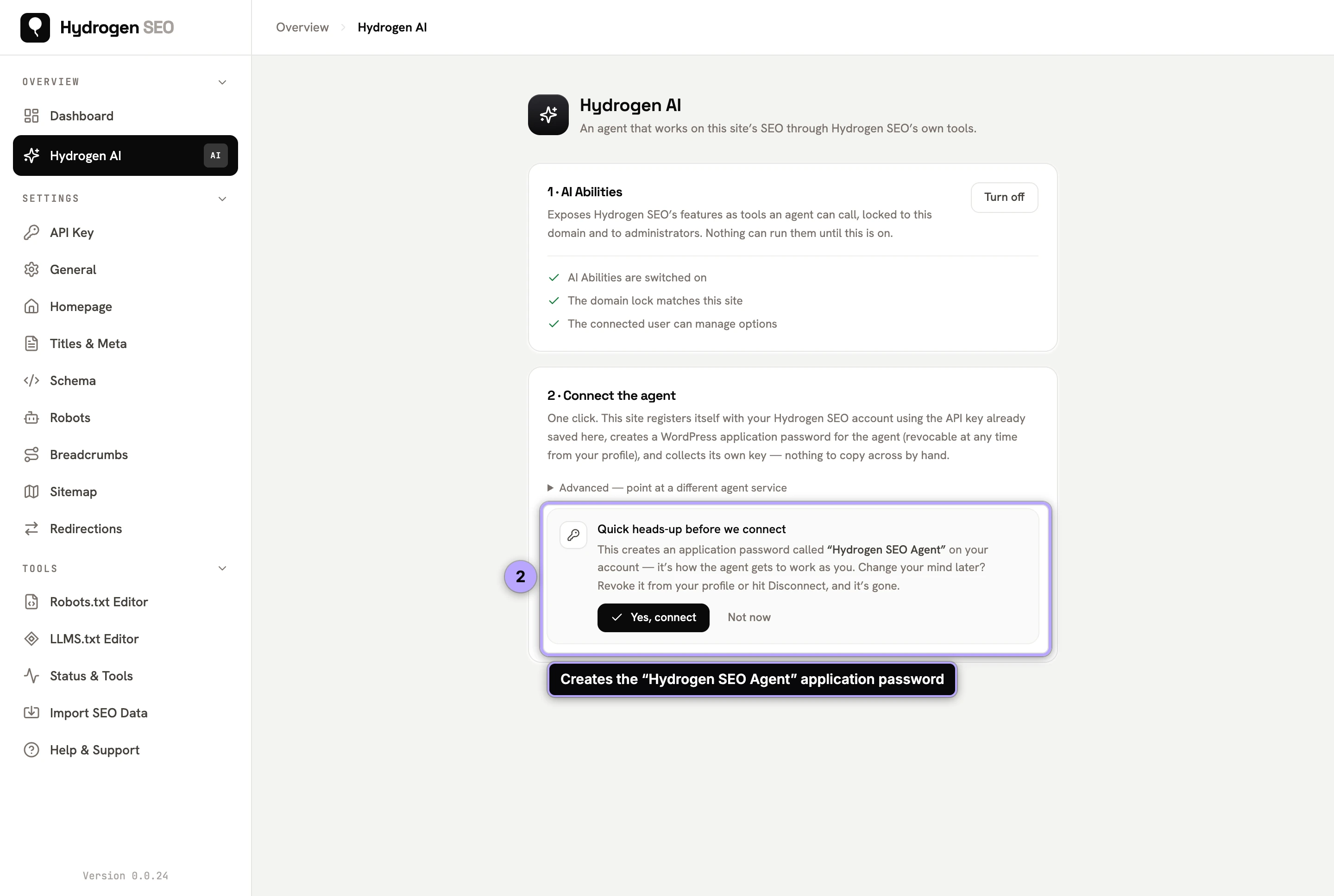 Hydrogen AI setup step 2: the confirmation before connecting, which creates the “Hydrogen SEO Agent” application password.