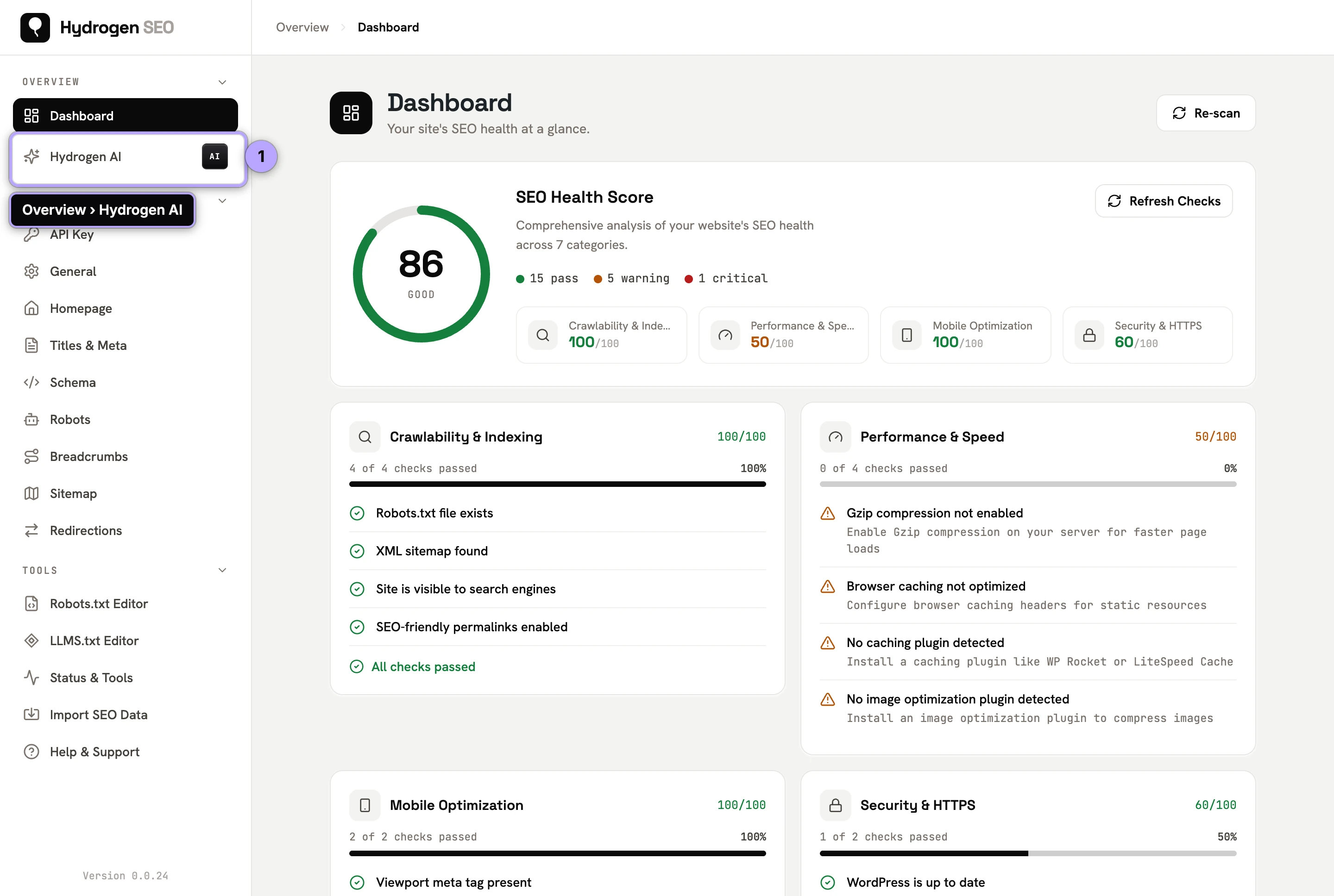 Hydrogen SEO sidebar with Overview › Hydrogen AI highlighted.