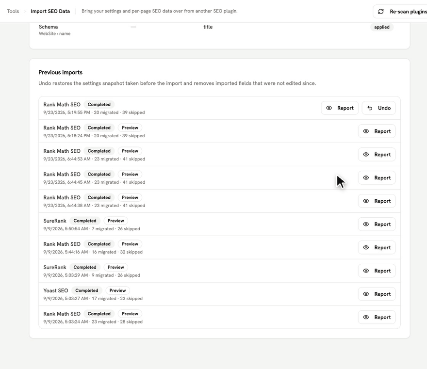 Previous imports › Undo: the import is reverted and only the preview runs remain.