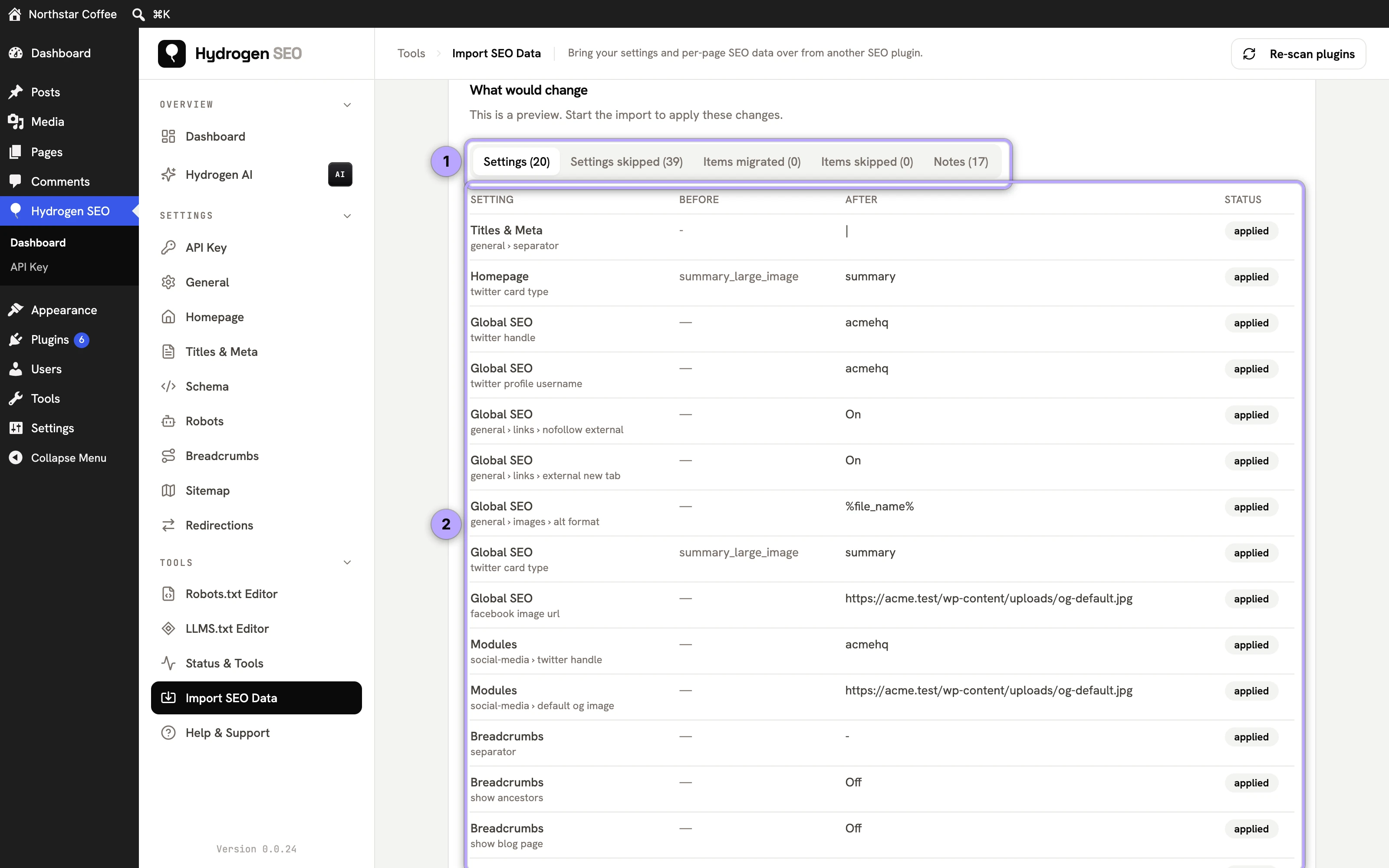 What would change: report tabs (1) and the Before/After settings table (2).