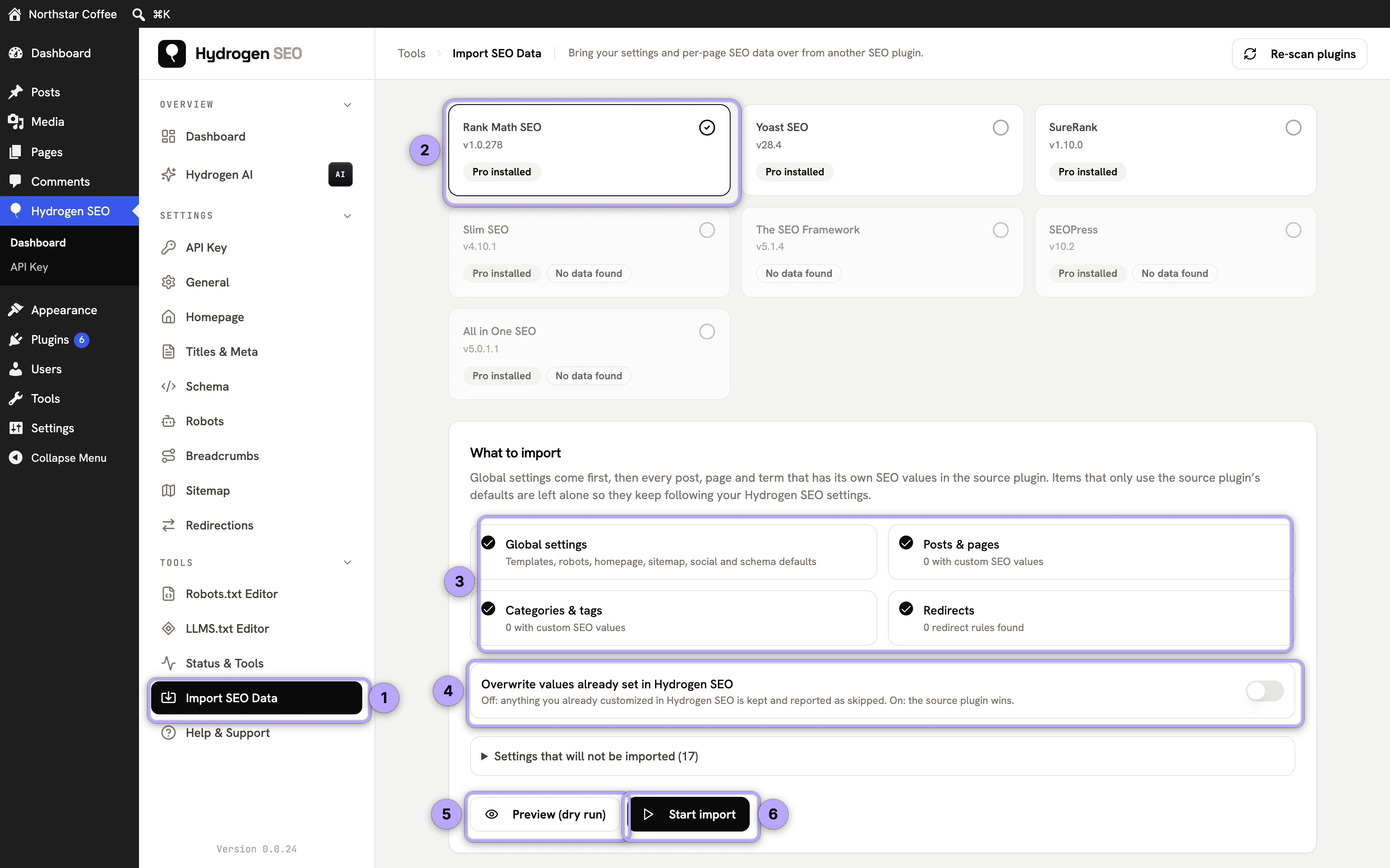 Import SEO Data: Tools menu item (1), detected source Rank Math SEO (2), what to import (3), Overwrite switch (4), Preview (dry run) (5), Start import (6).