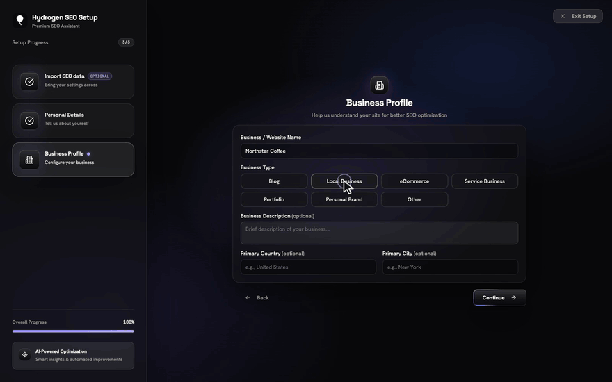 Business Profile › Continue › You're All Set › Open Dashboard.