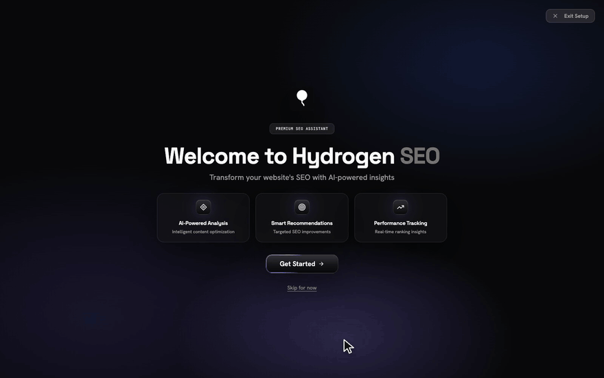 Setup wizard: Welcome › Get Started › Import (3 SEO plugins found) › Skip for now.