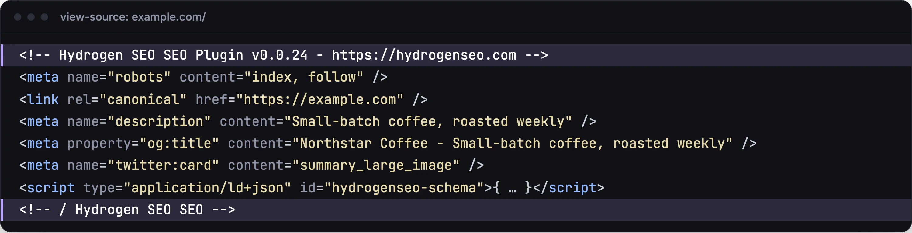 Page source: the Hydrogen SEO comment block with robots, canonical, description, social and schema tags.
