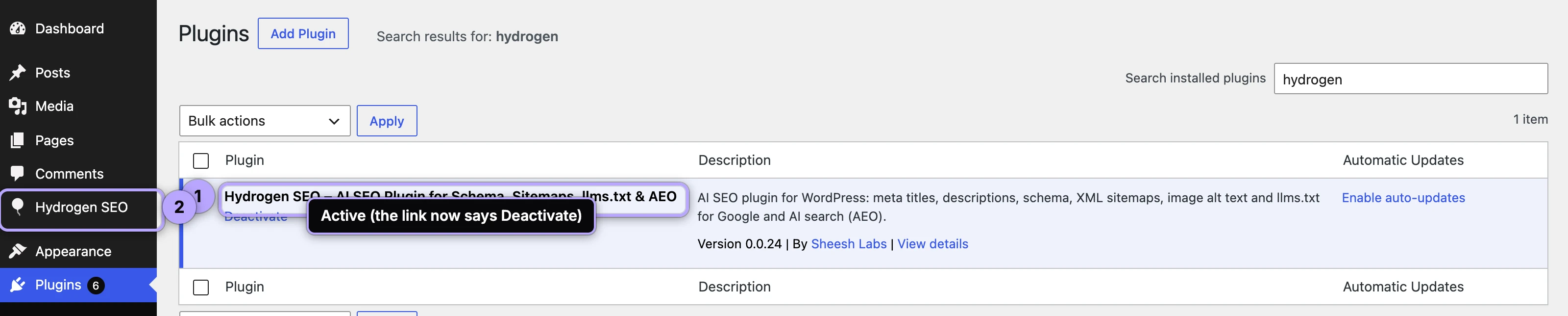Plugins list: Hydrogen SEO active (1) and the Hydrogen SEO item in the admin menu (2).