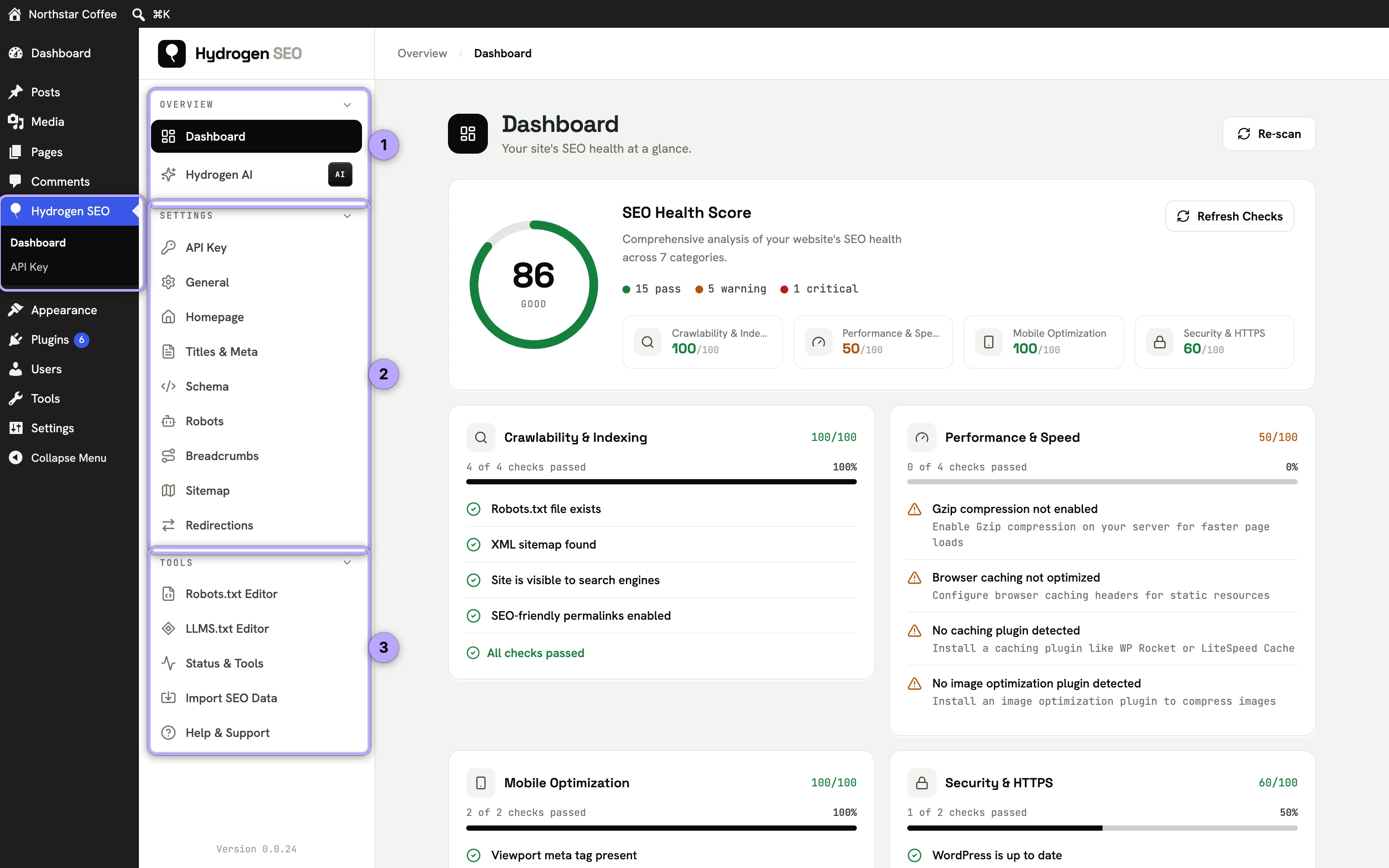 Hydrogen SEO sidebar groups: Overview (1), Settings (2), Tools (3).