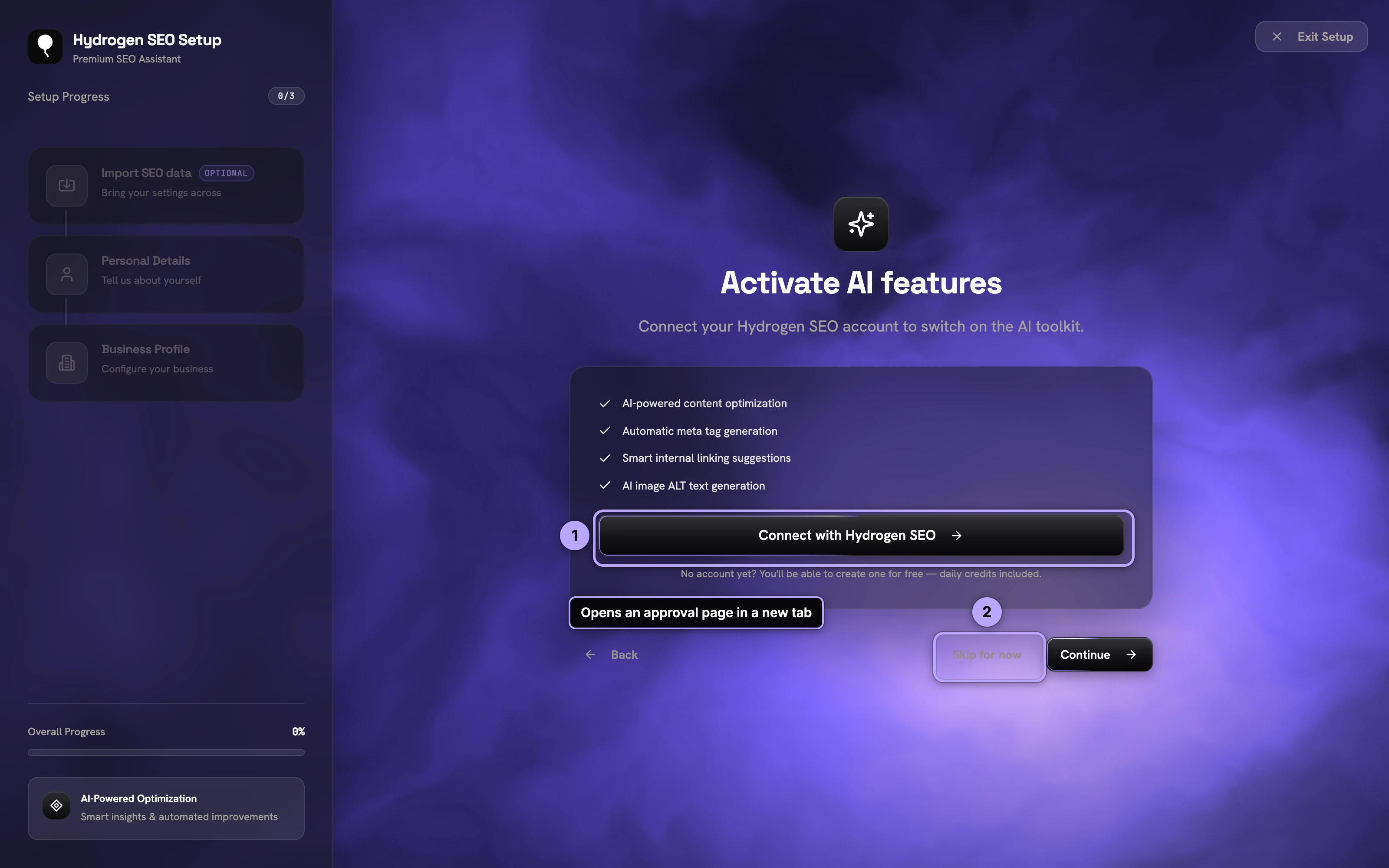 Wizard Activate AI features: Connect with Hydrogen SEO (1) or Skip for now (2).