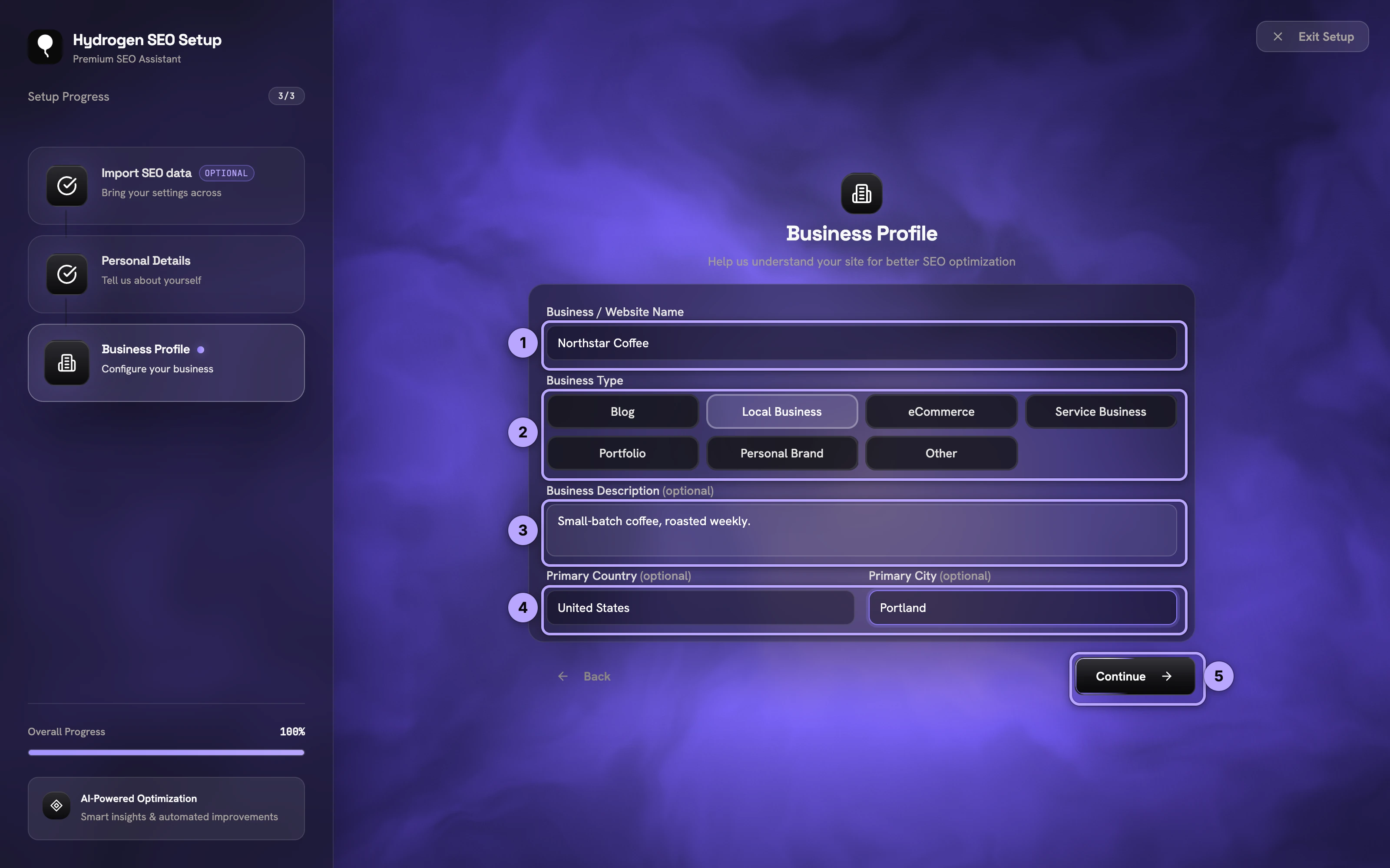 Wizard Business Profile: name (1), business type (2), description (3), country and city (4), Continue (5).