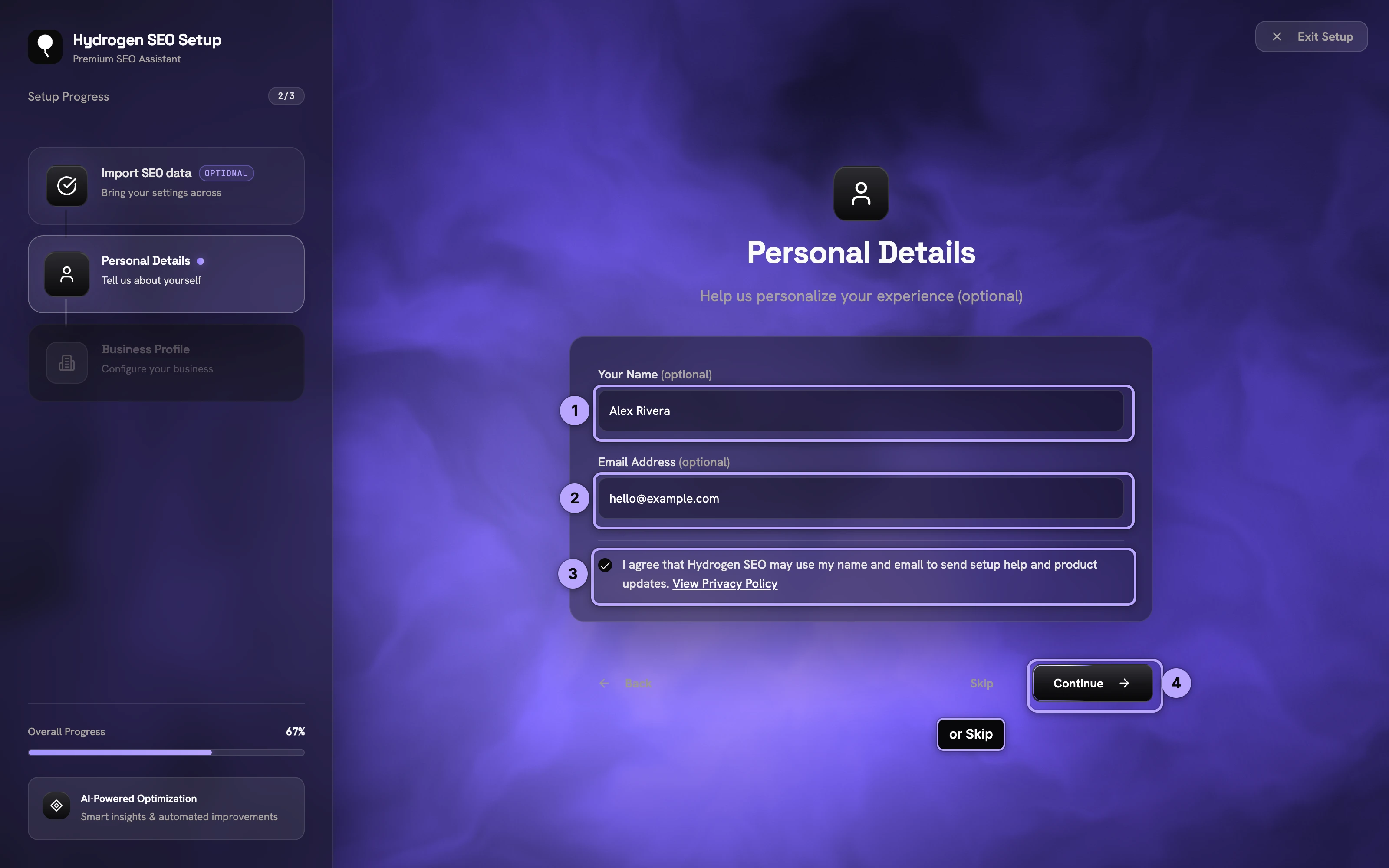 Wizard Personal Details with demo data: name (1), email (2), consent checkbox (3), Continue (4).