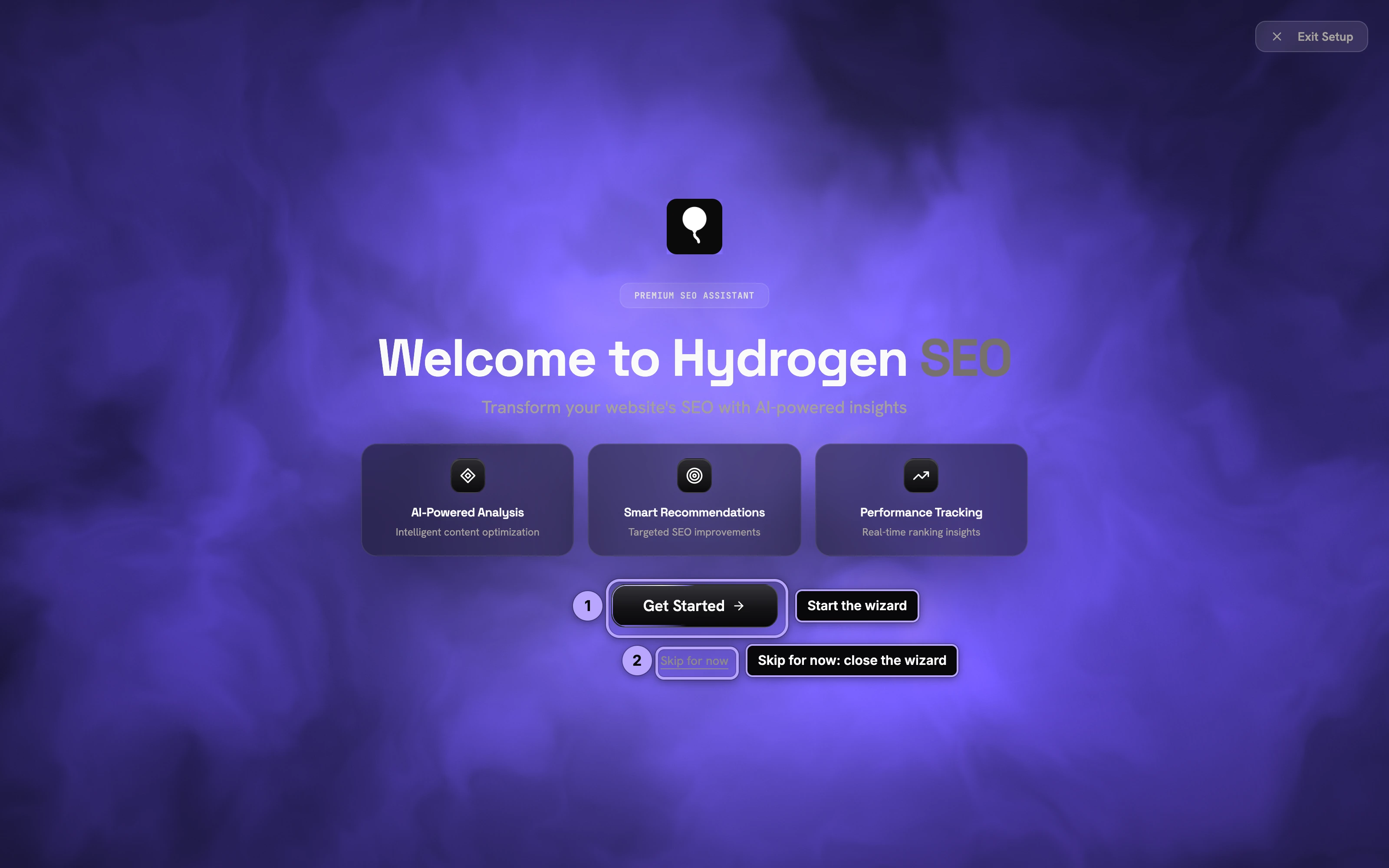 Setup wizard Welcome screen: Get Started (1) and Skip for now (2).