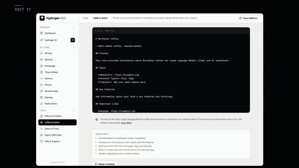 Tools › LLMS.txt Editor: replace the Topics placeholder, then Save Changes.