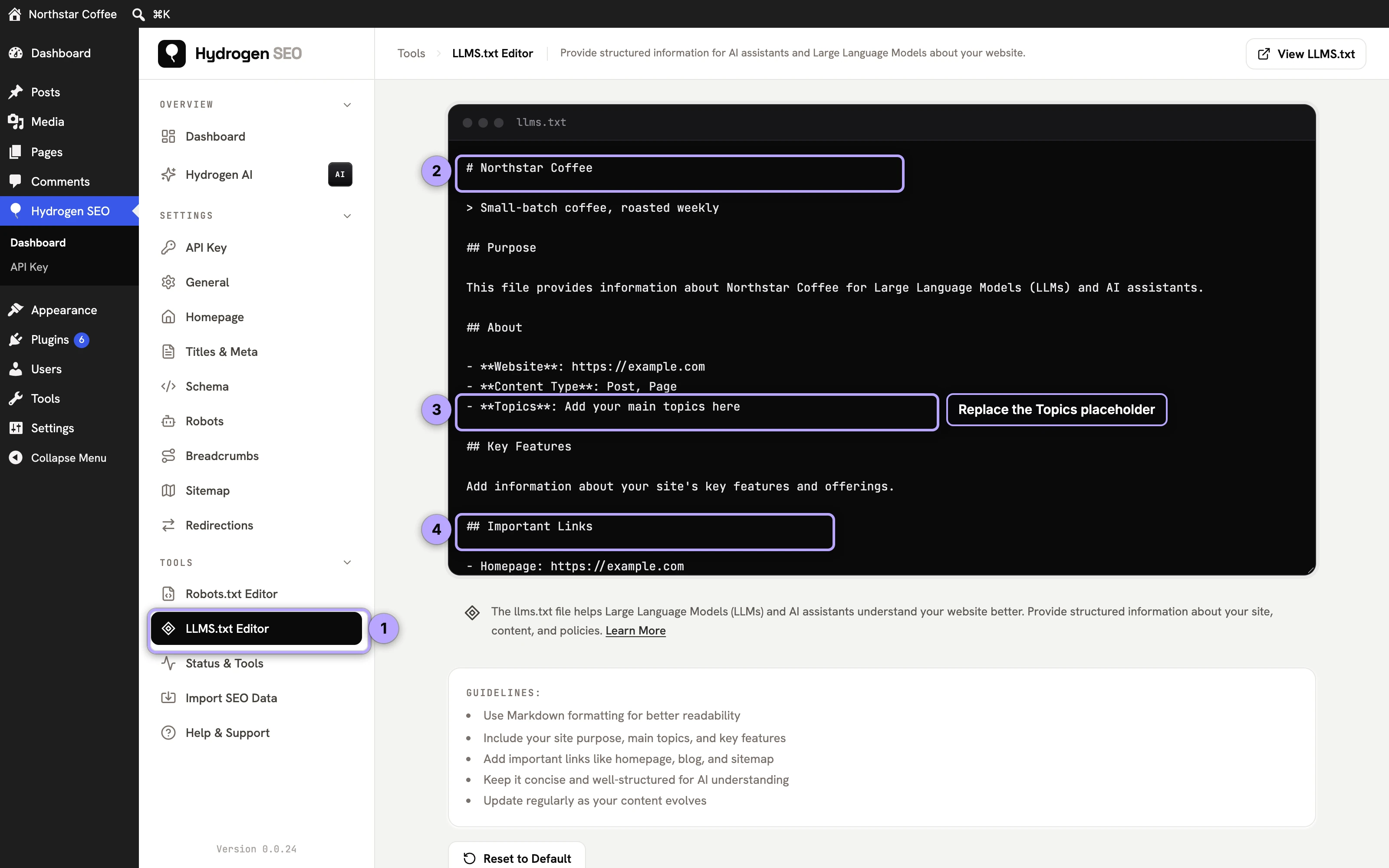 Tools › LLMS.txt Editor (1) with the default template: site name (2), Topics placeholder (3), Important Links (4).