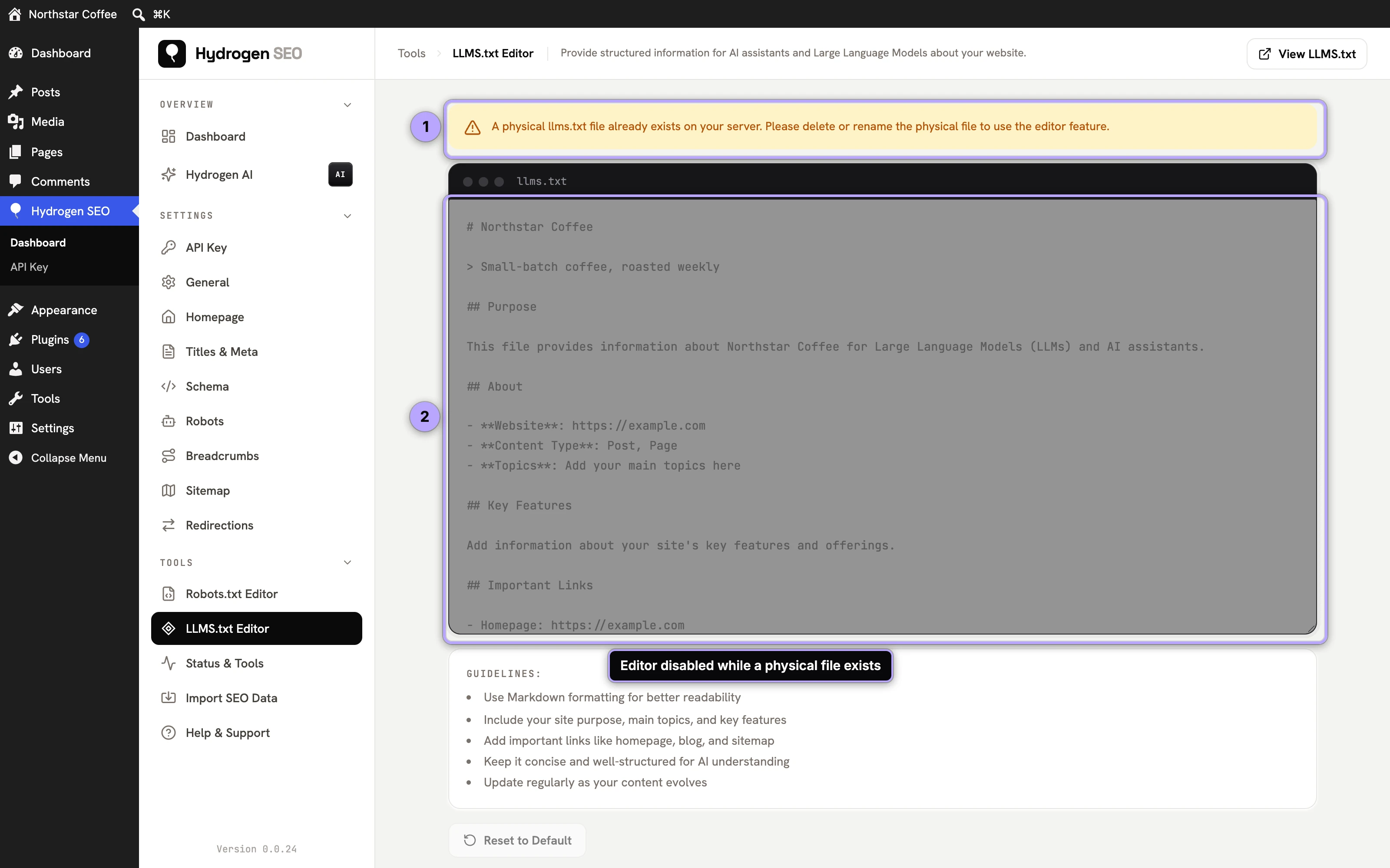Warning shown when a physical llms.txt exists (1); the editor is disabled (2).