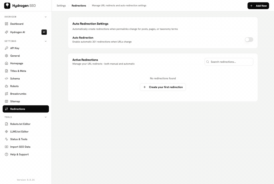 Settings › Redirections › Add New: From URL, To URL, 301 - Permanent Redirect, Create.