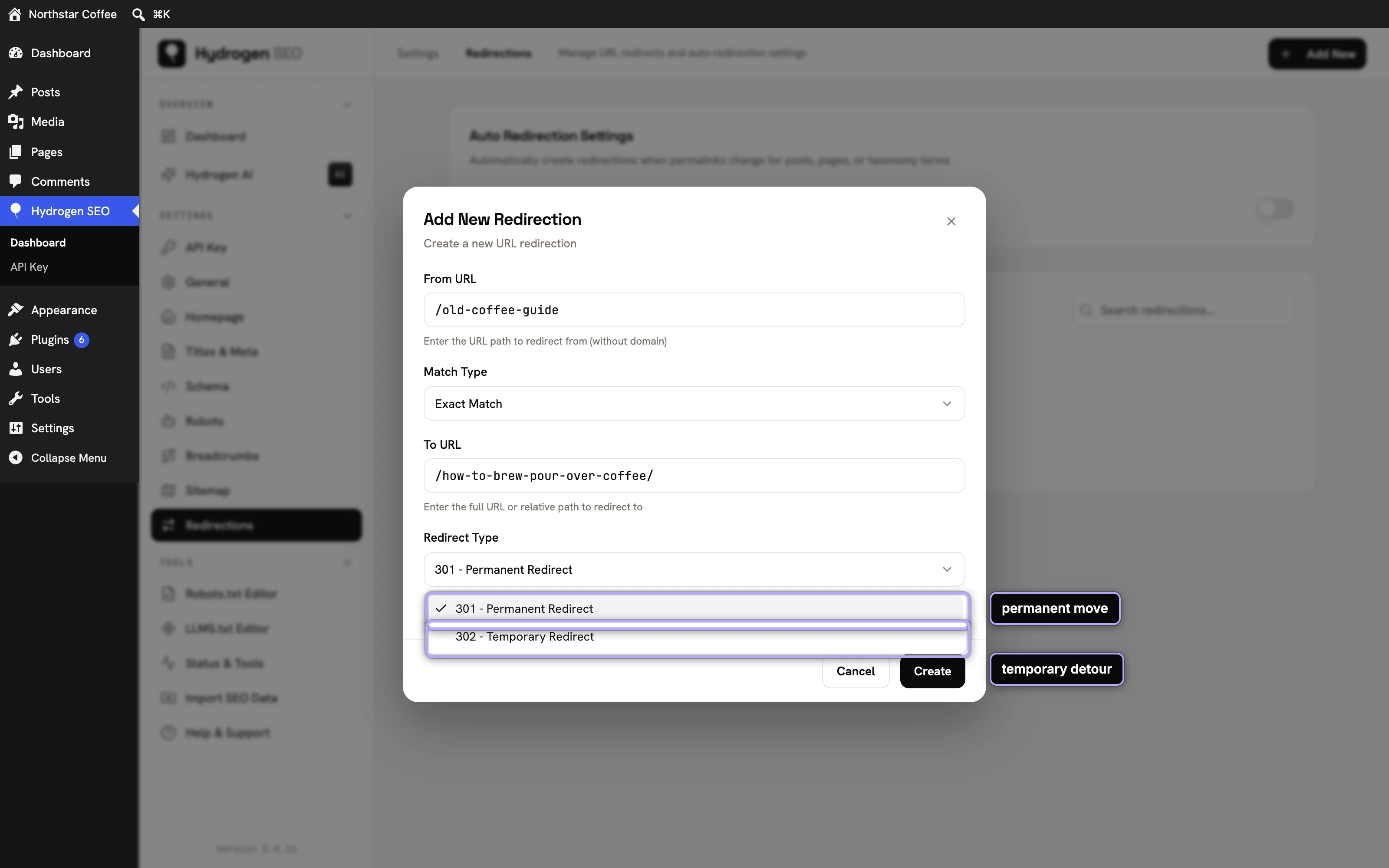 Redirect Type options: 301 - Permanent Redirect and 302 - Temporary Redirect.