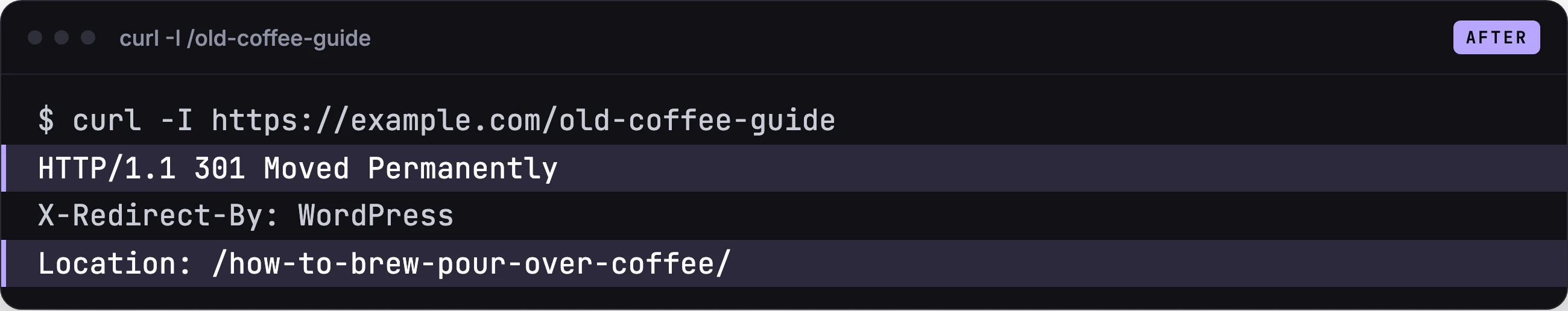 curl -I after: 301 Moved Permanently with Location: /how-to-brew-pour-over-coffee/.