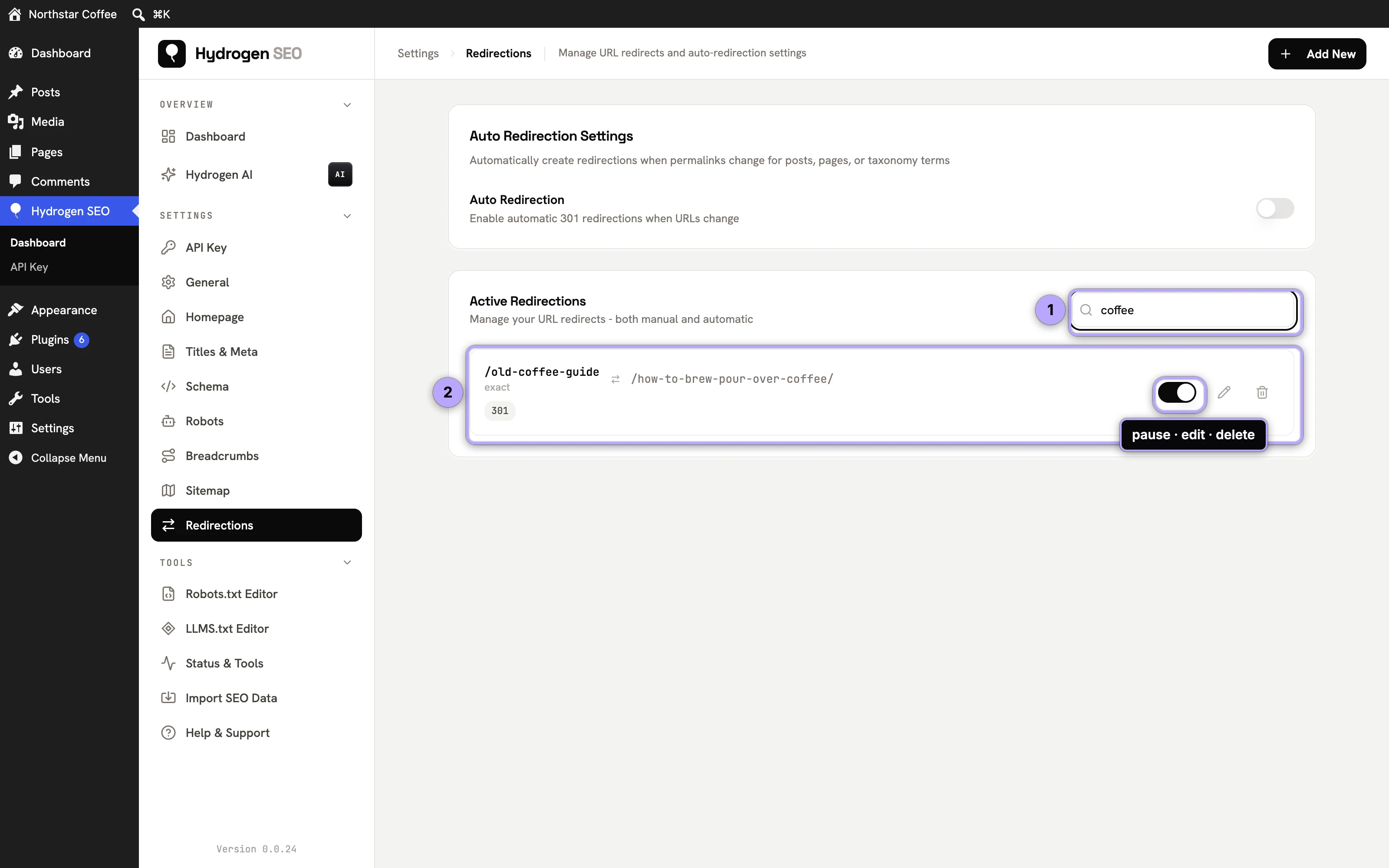 Active Redirections: search box (1) and a redirect row (2) with its on/off switch, edit and delete.