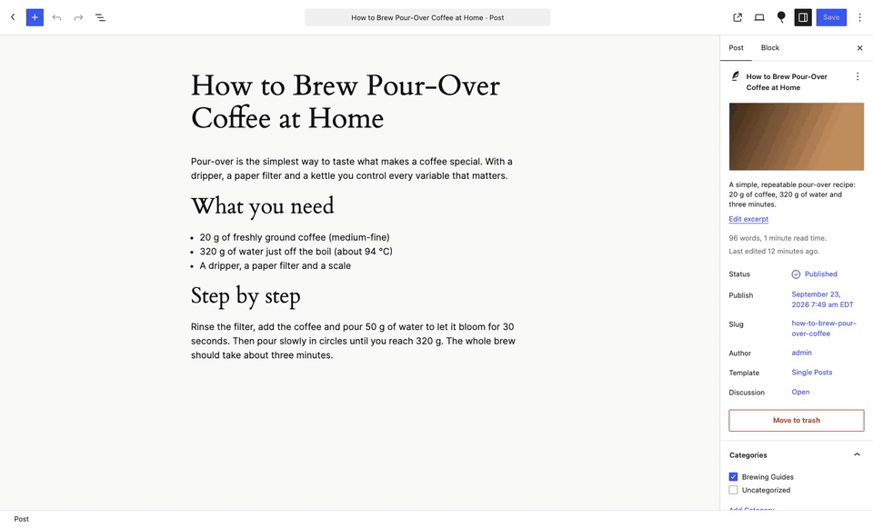 Per-post override: SEO Settings sheet › Robots Meta › No Index + No Archive › Save changes.