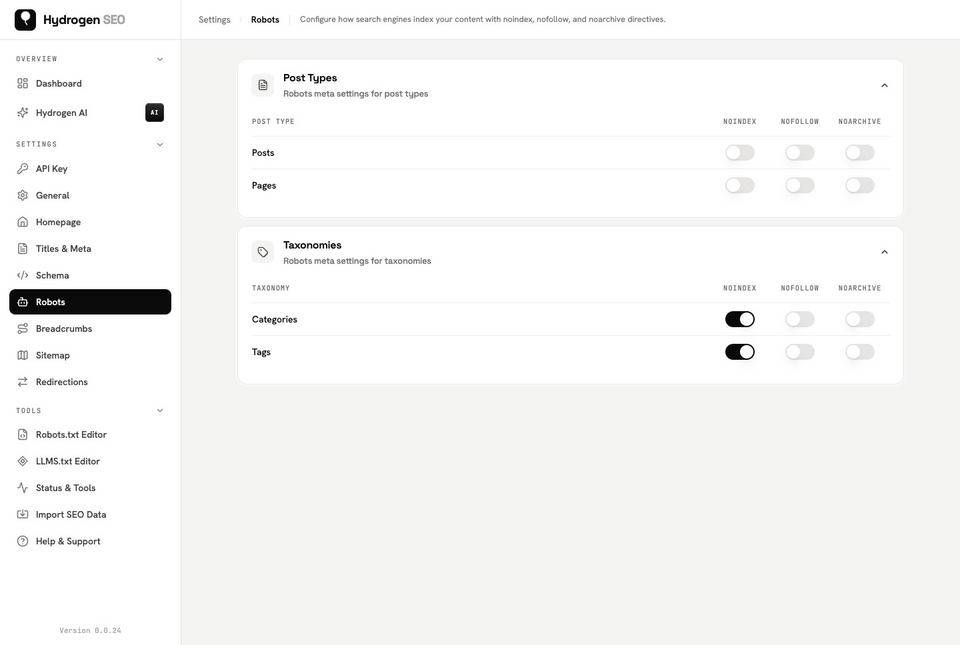 Settings › Robots: switching on Noindex for Posts (saves automatically).