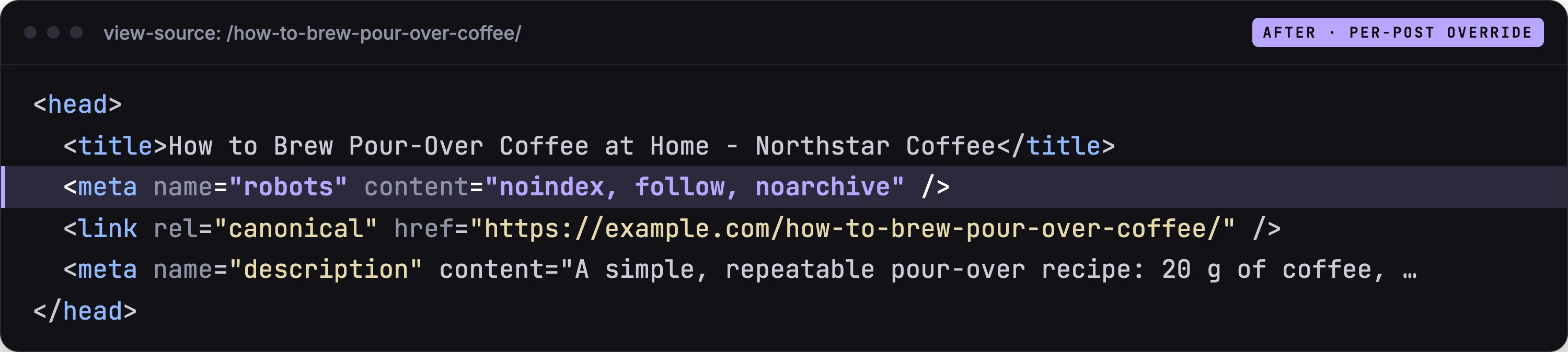 Page source after the per-post override: noindex, follow, noarchive.