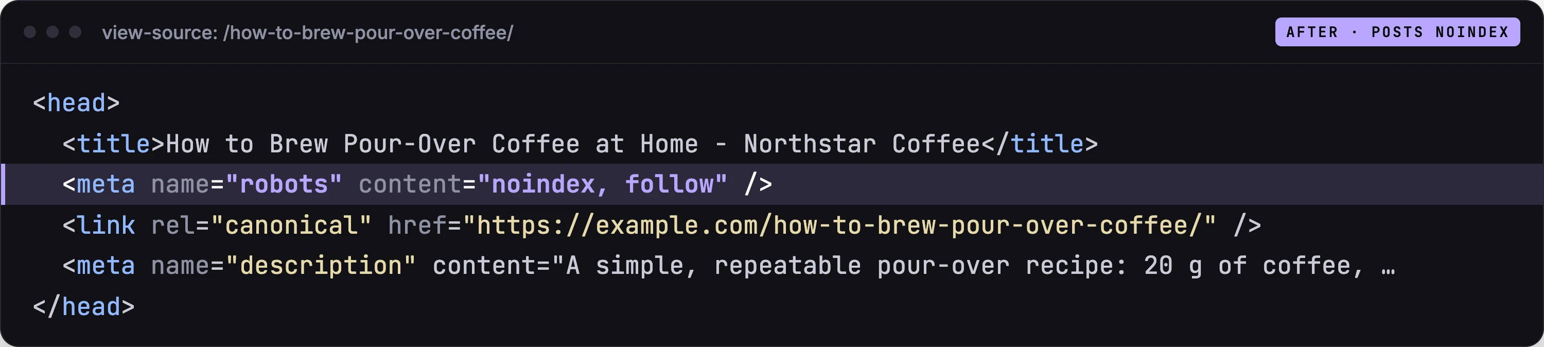 Page source after enabling Noindex for Posts: noindex, follow.
