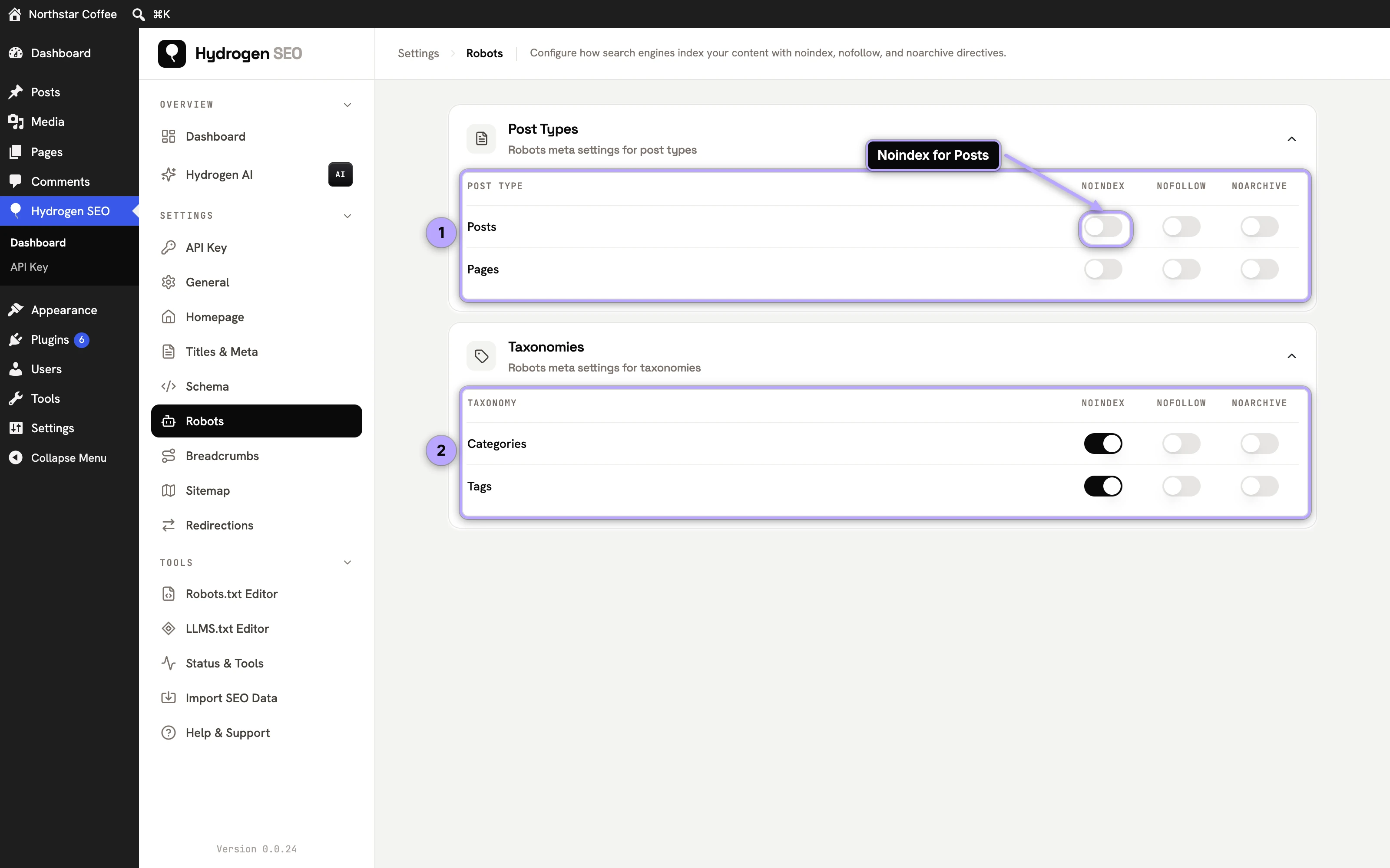 Robots settings screen: post types table (1), taxonomies table (2) and the Noindex switch for Posts.