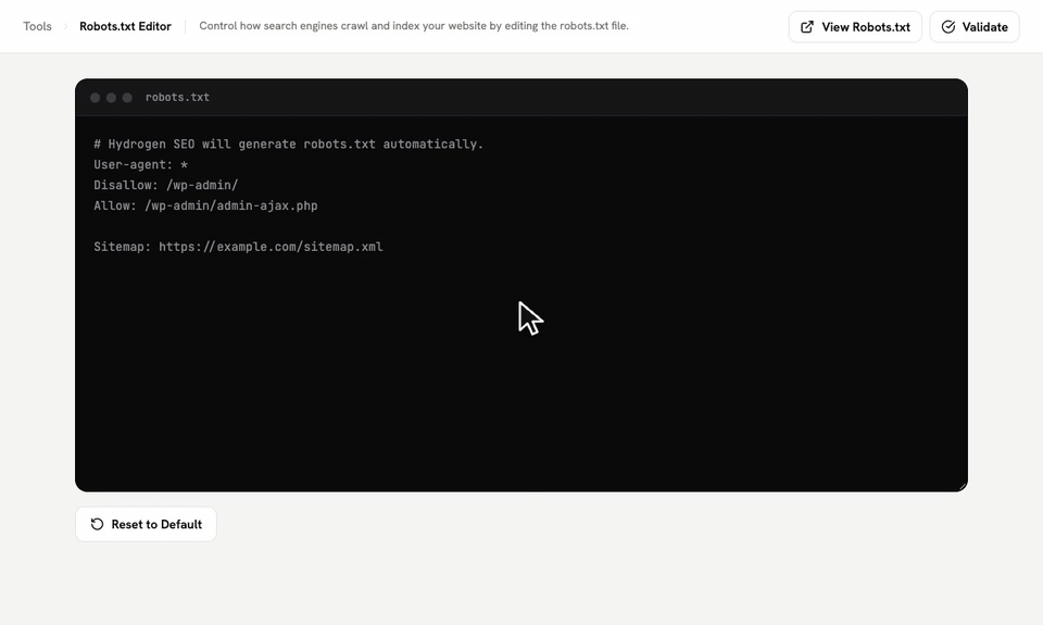Tools › Robots.txt Editor: typing User-agent: * / Disallow: /private/, then Save Changes.